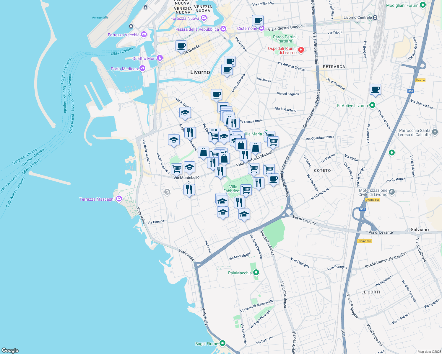 map of restaurants, bars, coffee shops, grocery stores, and more near 139 Via Roma in Livorno