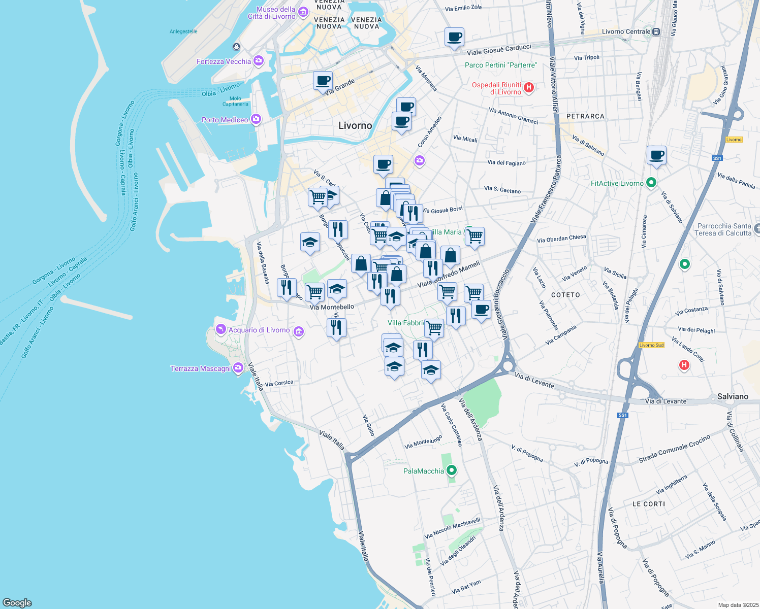 map of restaurants, bars, coffee shops, grocery stores, and more near 10 Viale Rosa del Tirreno in Livorno