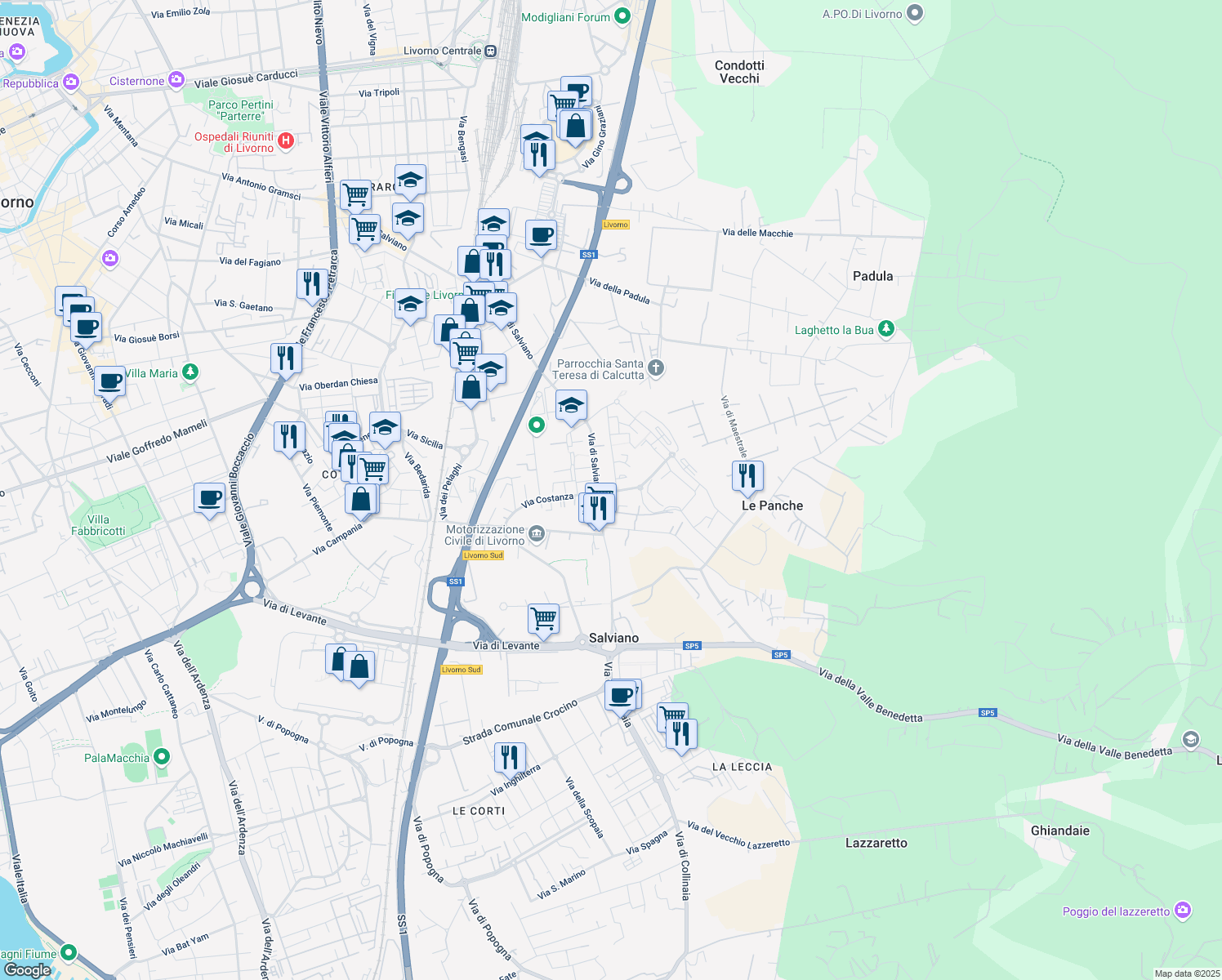 map of restaurants, bars, coffee shops, grocery stores, and more near 7 Via Renuccio Renucci in Livorno