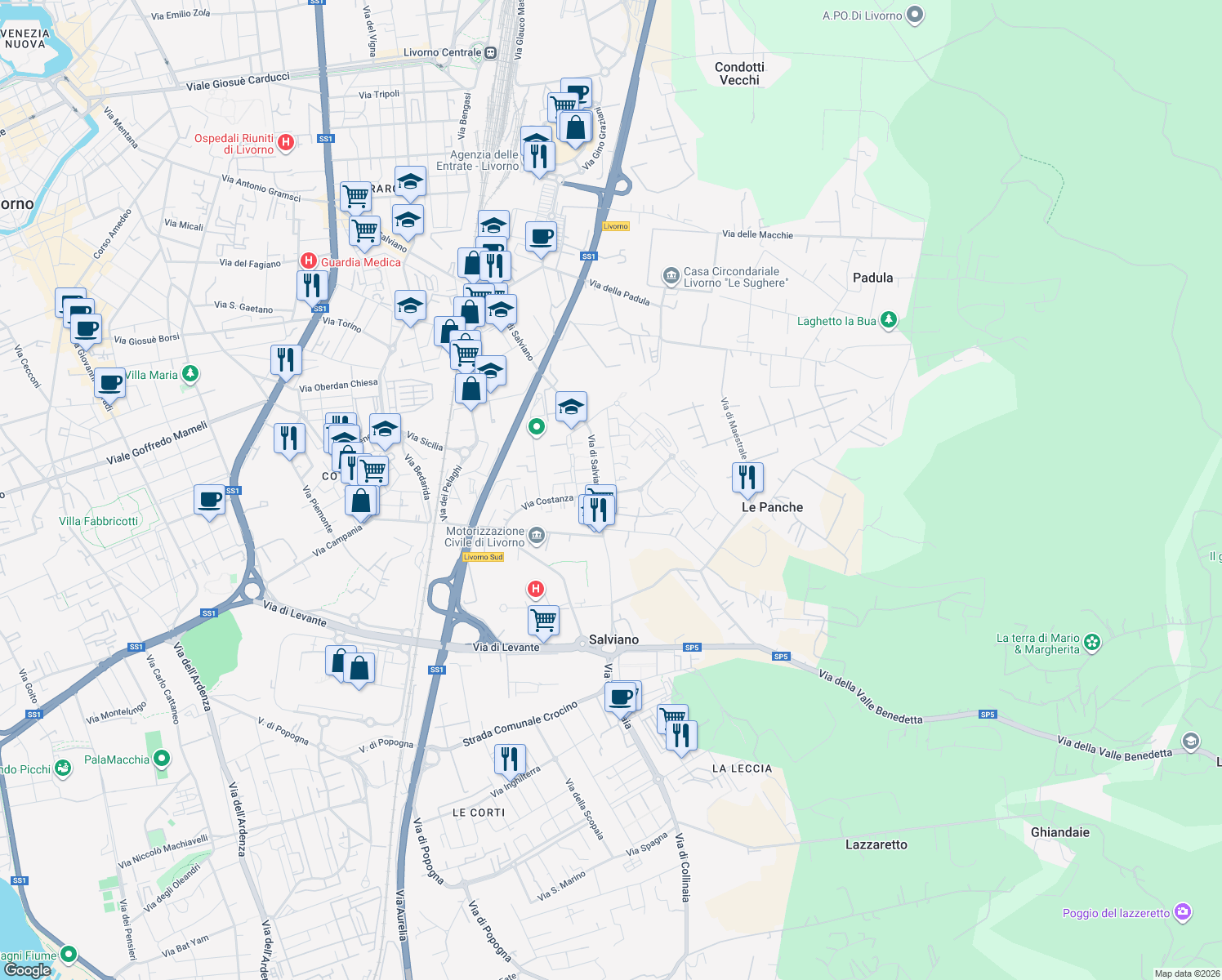 map of restaurants, bars, coffee shops, grocery stores, and more near 7 Via Renuccio Renucci in Livorno