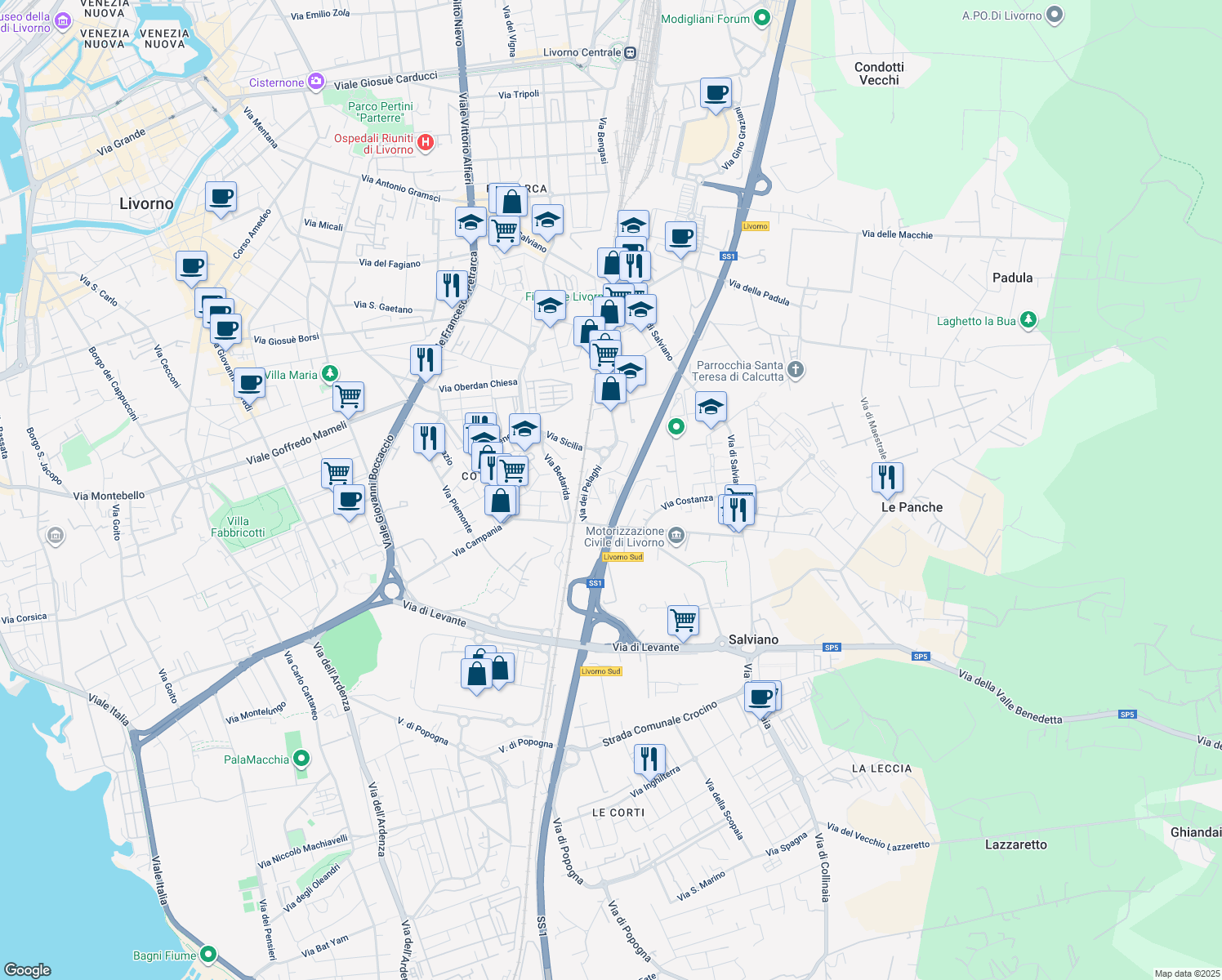 map of restaurants, bars, coffee shops, grocery stores, and more near 98 Via dei Pelaghi in Livorno
