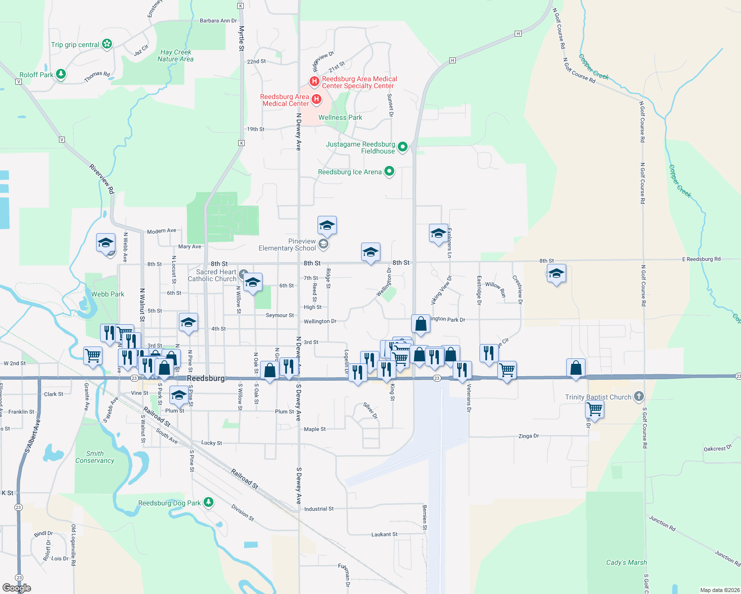 map of restaurants, bars, coffee shops, grocery stores, and more near 1387 Wellington Drive in Reedsburg