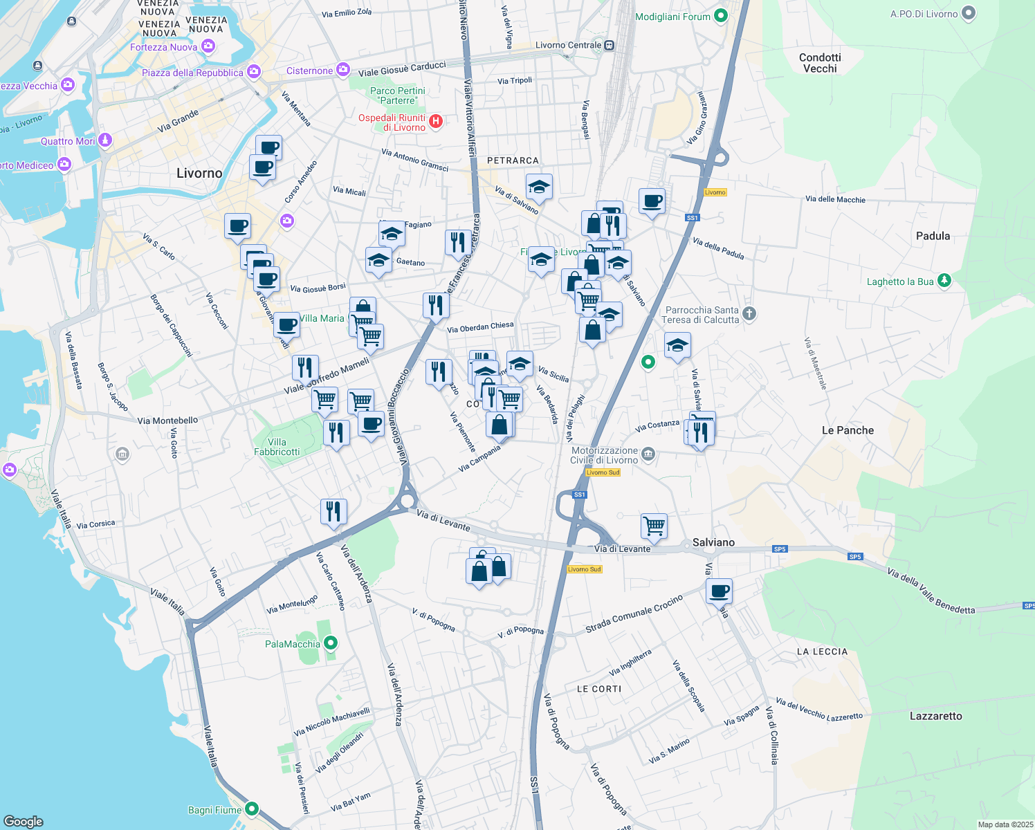 map of restaurants, bars, coffee shops, grocery stores, and more near 12 Via Lombardia in Livorno
