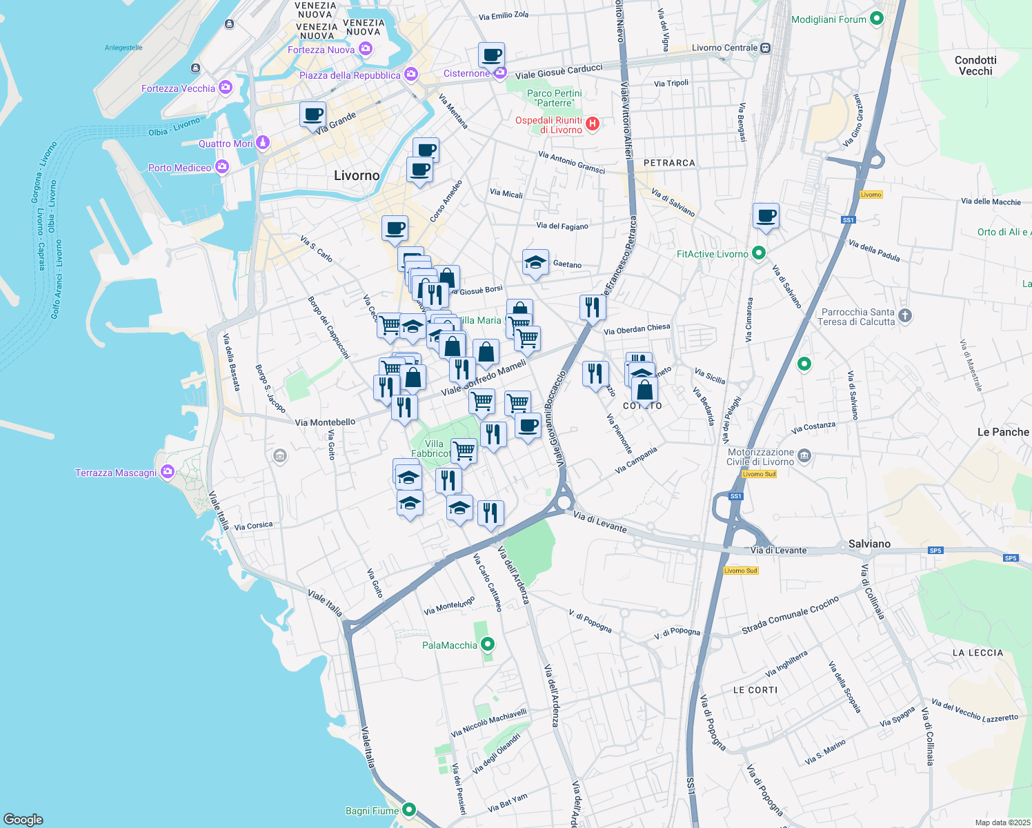 map of restaurants, bars, coffee shops, grocery stores, and more near Viale Accademia Labronica in Livorno