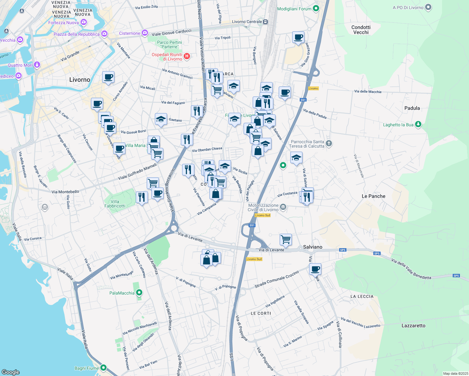 map of restaurants, bars, coffee shops, grocery stores, and more near 41 Via Molise in Livorno