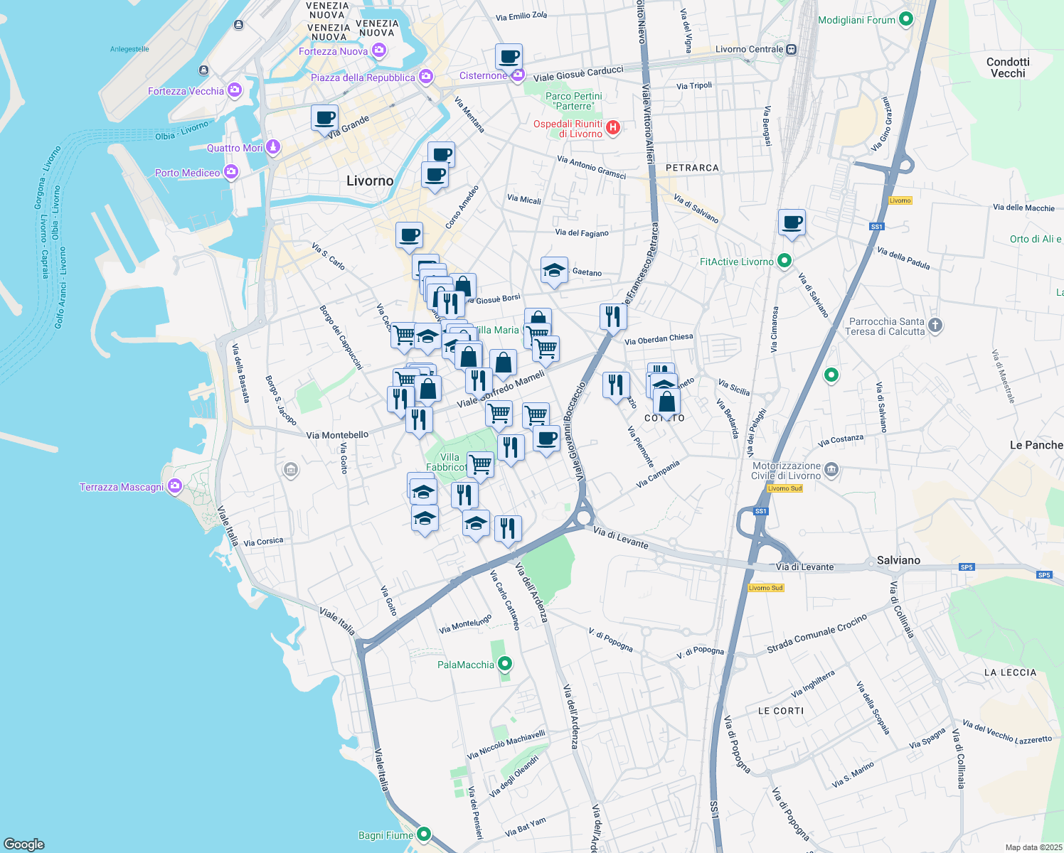 map of restaurants, bars, coffee shops, grocery stores, and more near Viale Accademia Labronica in Livorno