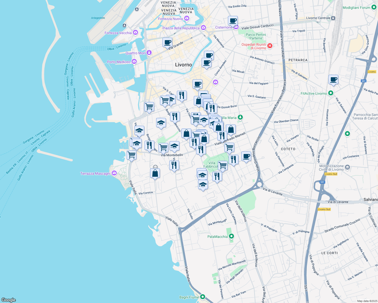 map of restaurants, bars, coffee shops, grocery stores, and more near 46 Via Montebello in Livorno