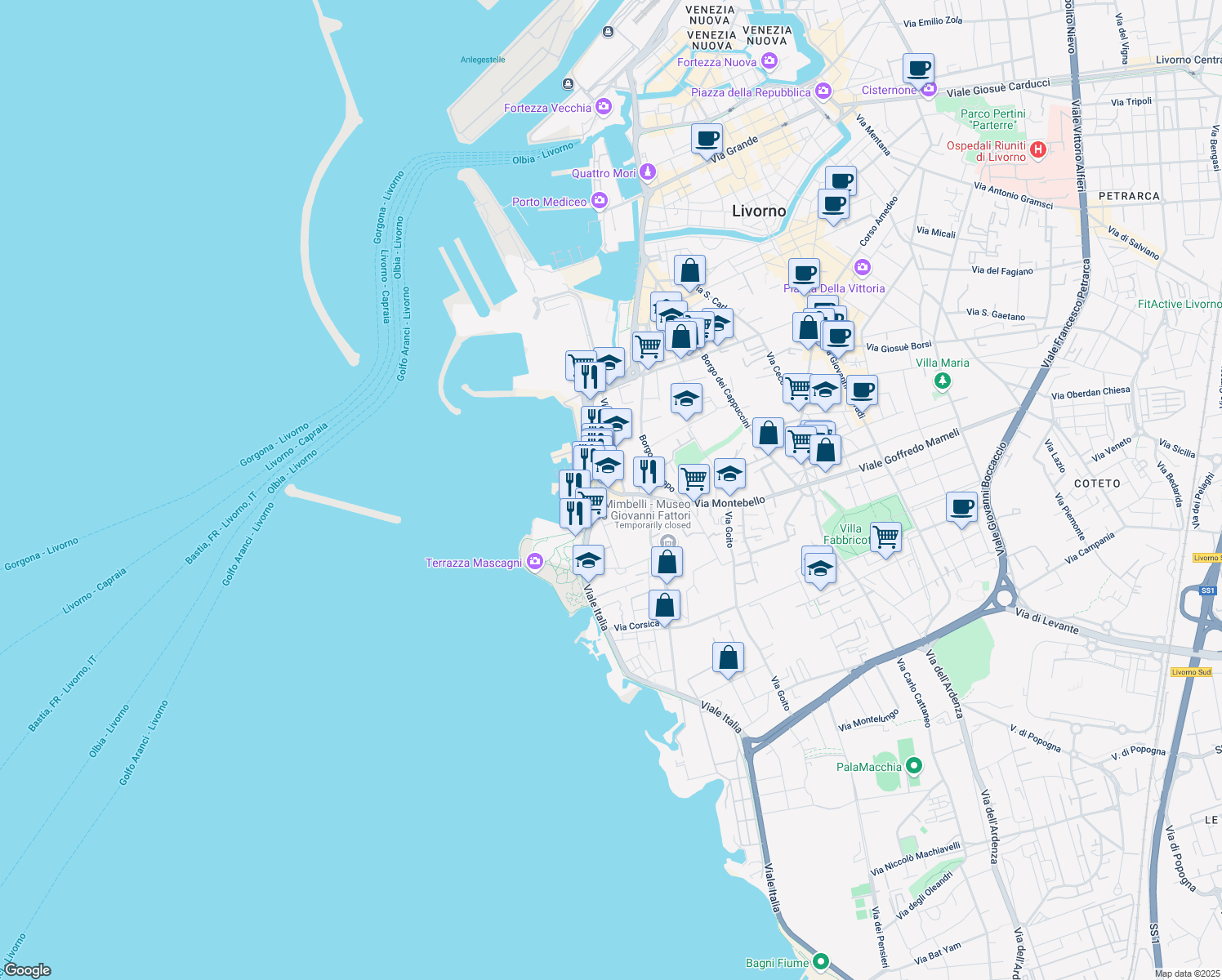 map of restaurants, bars, coffee shops, grocery stores, and more near 79 Via dei Funaioli in Livorno