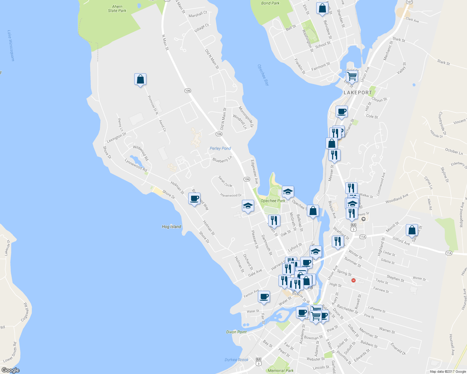 map of restaurants, bars, coffee shops, grocery stores, and more near 212 Sarah Circle in Laconia