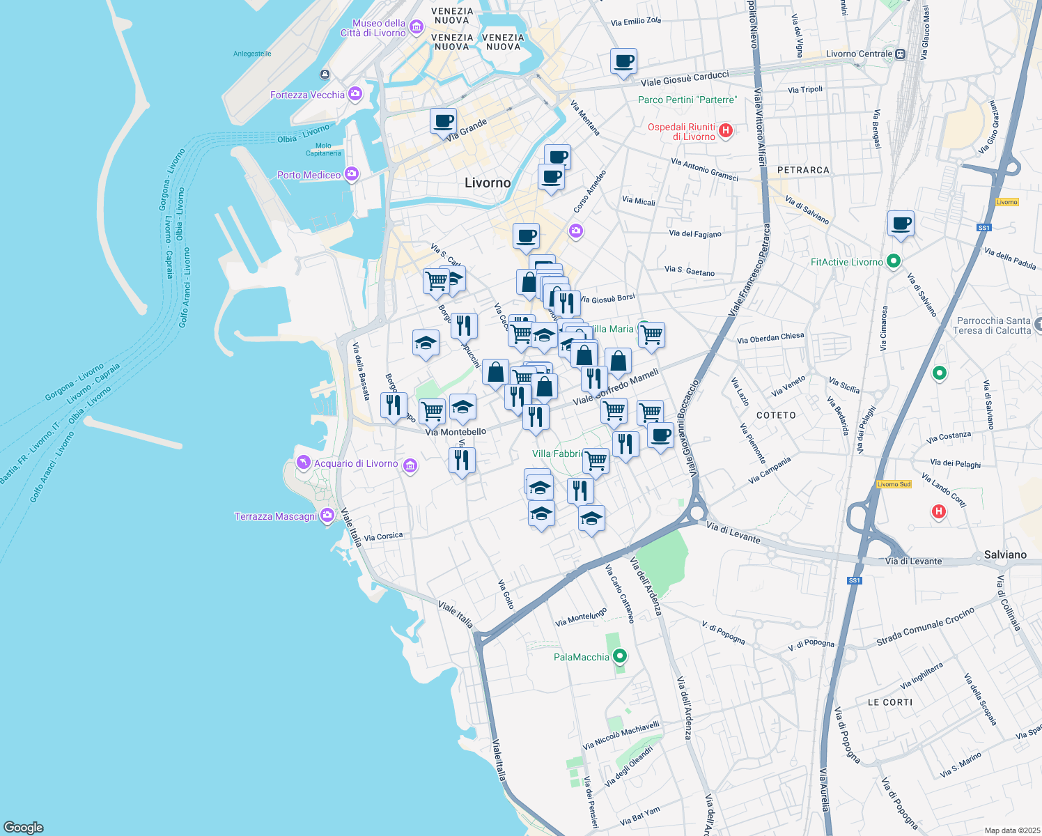 map of restaurants, bars, coffee shops, grocery stores, and more near 10 Viale Rosa del Tirreno in Livorno