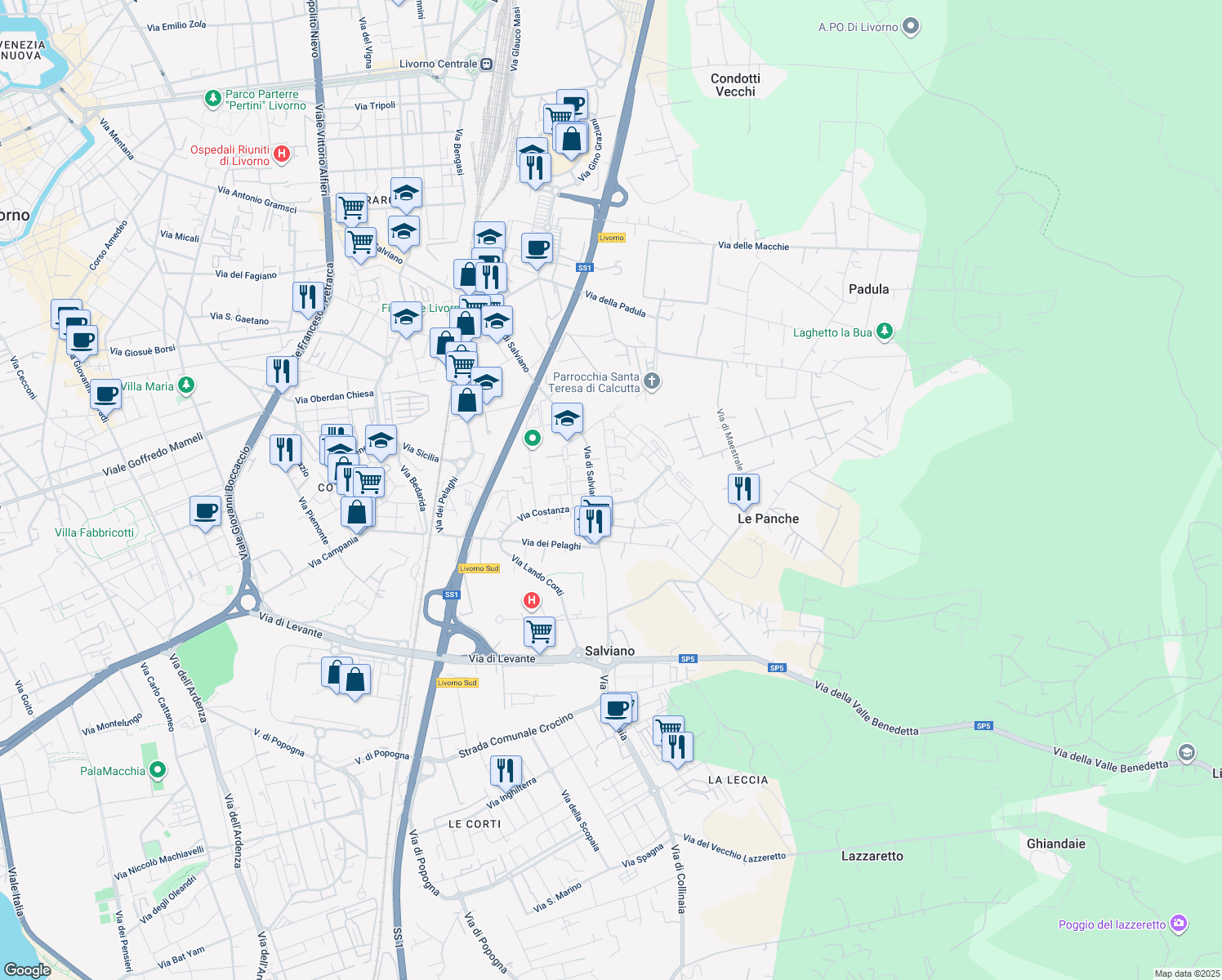 map of restaurants, bars, coffee shops, grocery stores, and more near 7 Via Renuccio Renucci in Livorno