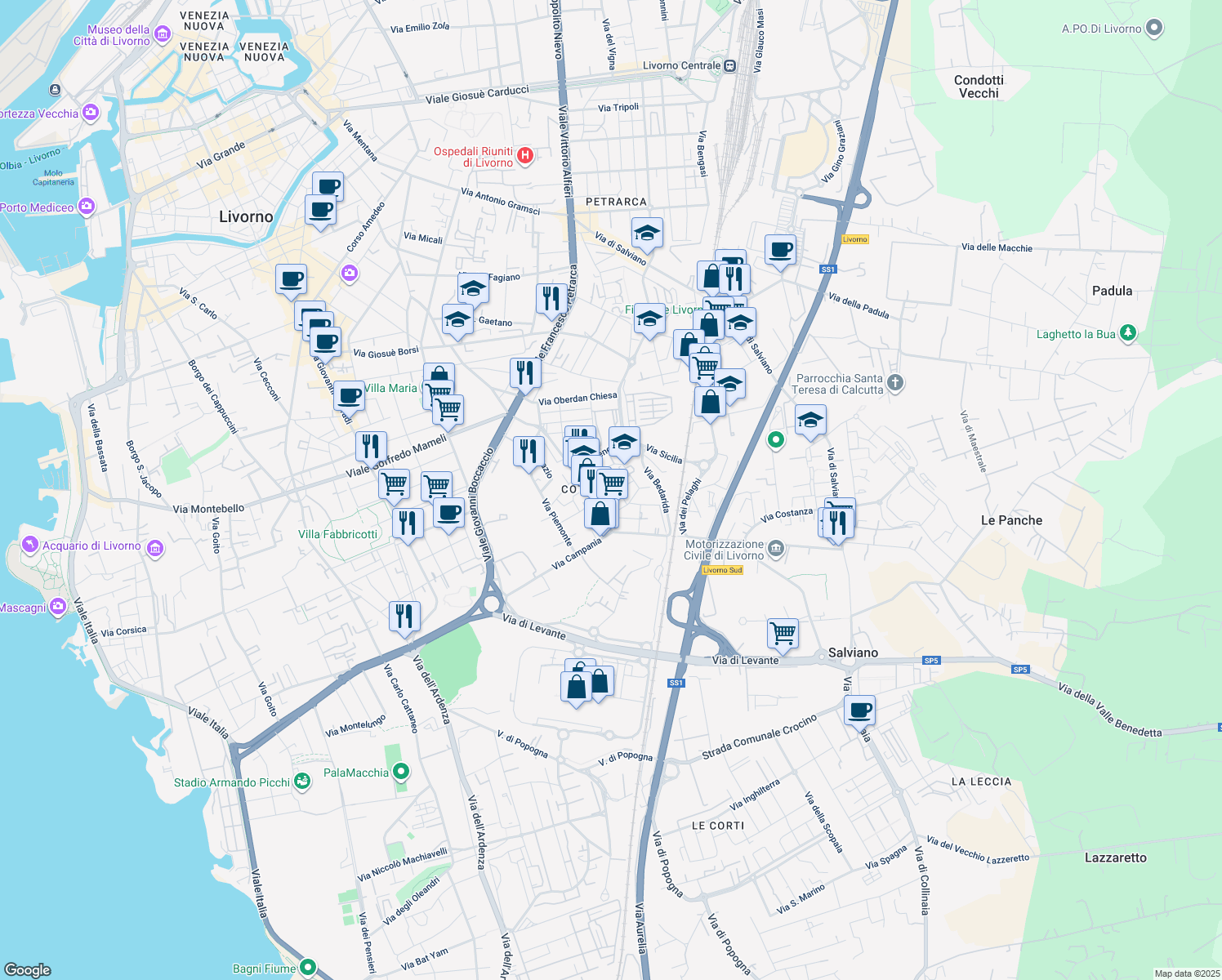 map of restaurants, bars, coffee shops, grocery stores, and more near 12 Via Lombardia in Livorno