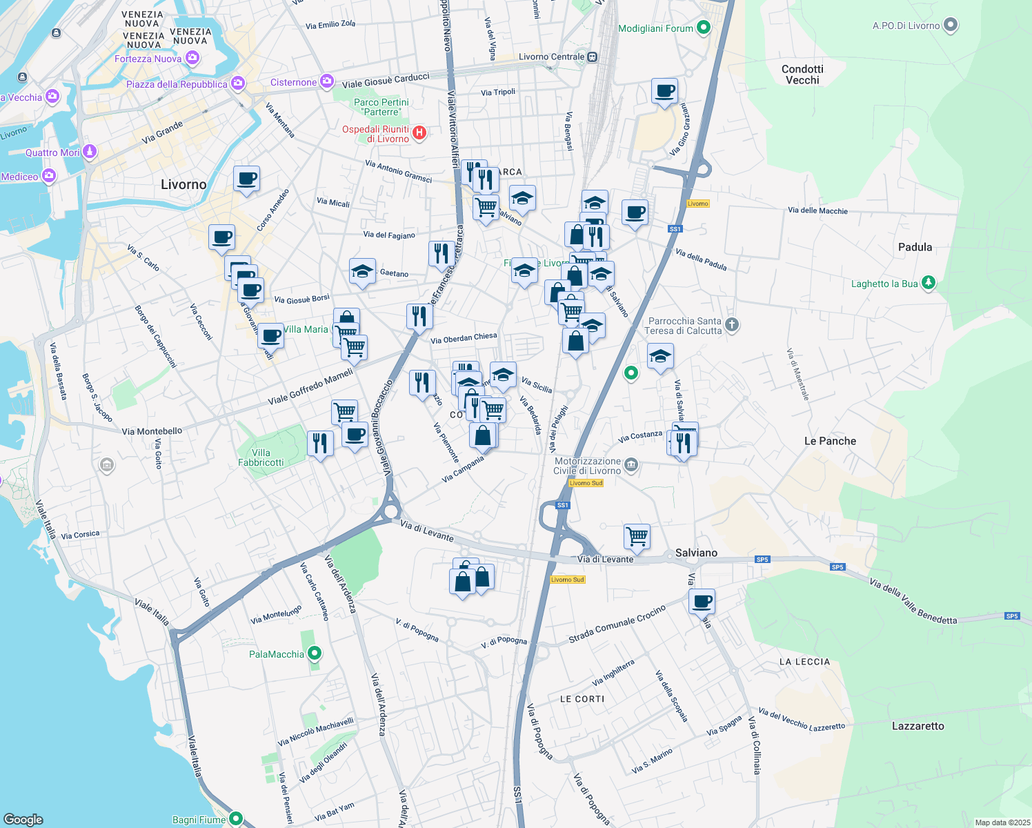 map of restaurants, bars, coffee shops, grocery stores, and more near 41 Via Molise in Livorno