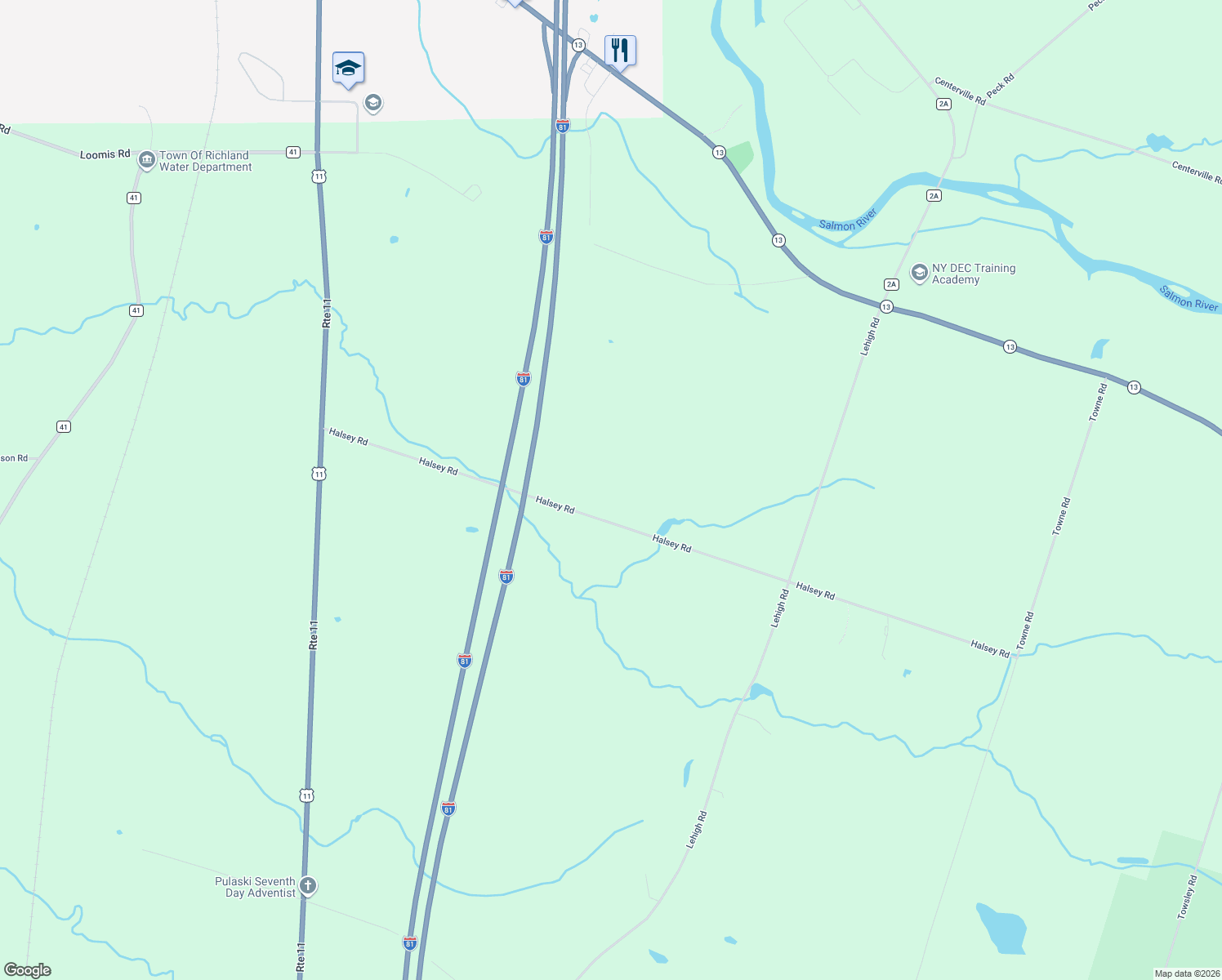 map of restaurants, bars, coffee shops, grocery stores, and more near 244 Halsey Road in Pulaski