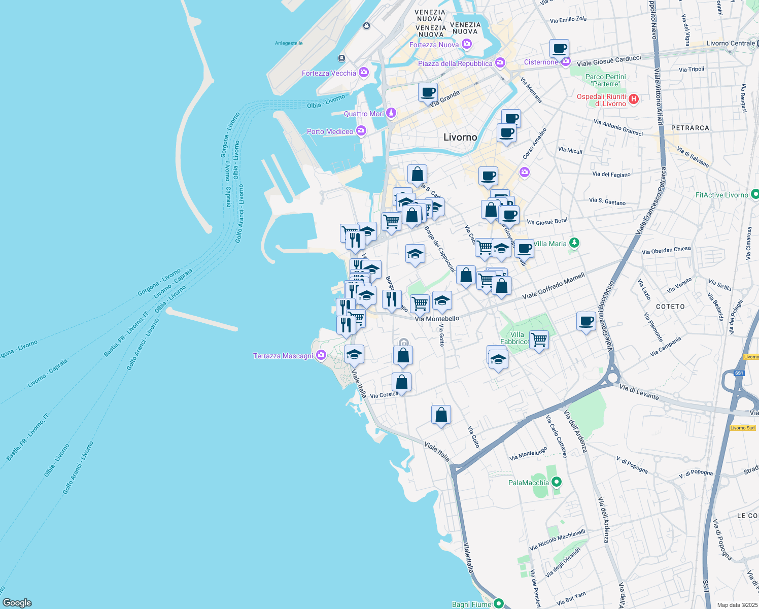 map of restaurants, bars, coffee shops, grocery stores, and more near 79 Via dei Funaioli in Livorno