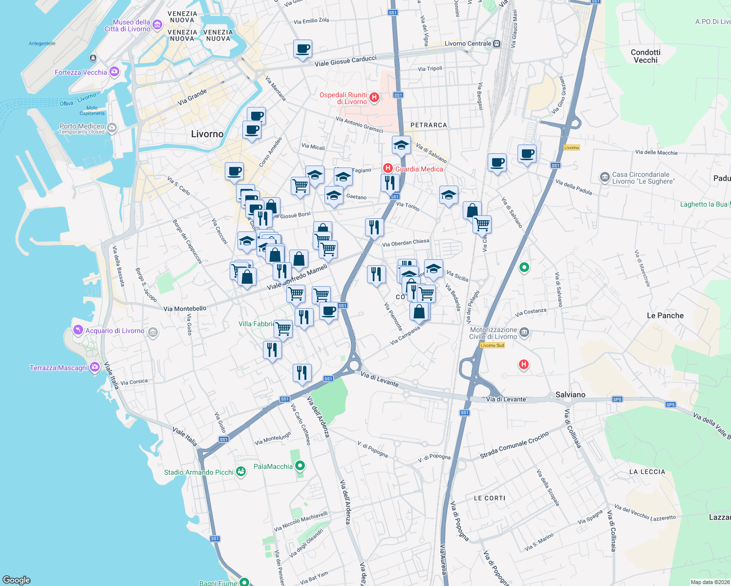map of restaurants, bars, coffee shops, grocery stores, and more near 21 Via Marche in Livorno