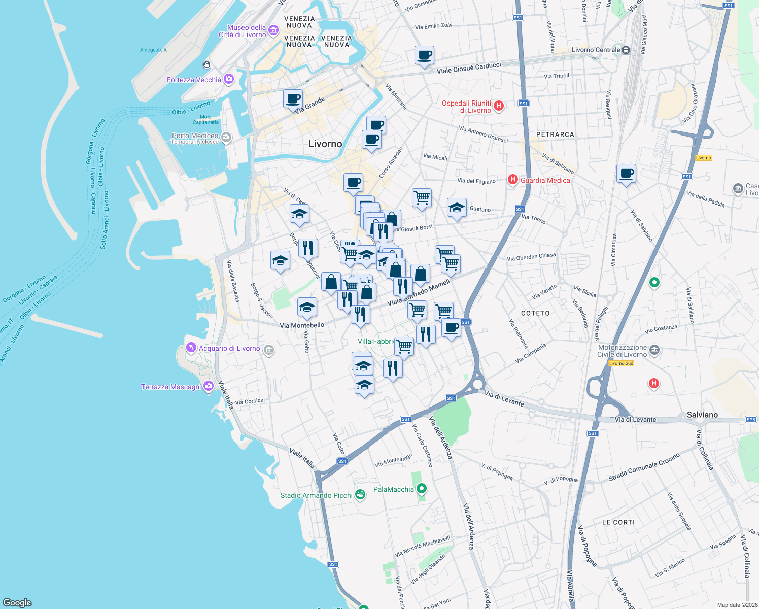 map of restaurants, bars, coffee shops, grocery stores, and more near 18 Via Antonio Mangini in Livorno