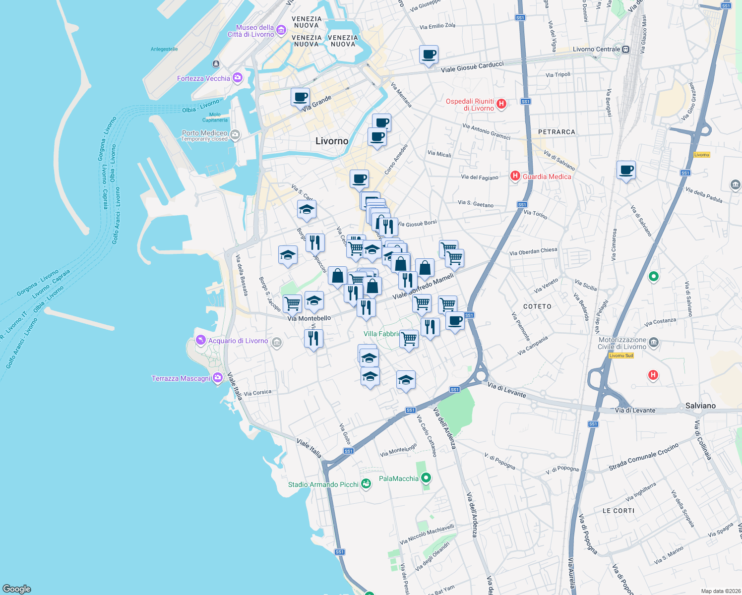 map of restaurants, bars, coffee shops, grocery stores, and more near Via Antonio Mangini in Livorno