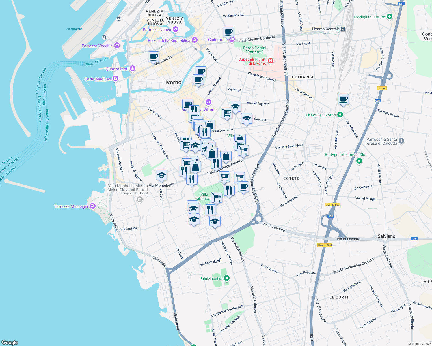 map of restaurants, bars, coffee shops, grocery stores, and more near 45 Viale Goffredo Mameli in Livorno