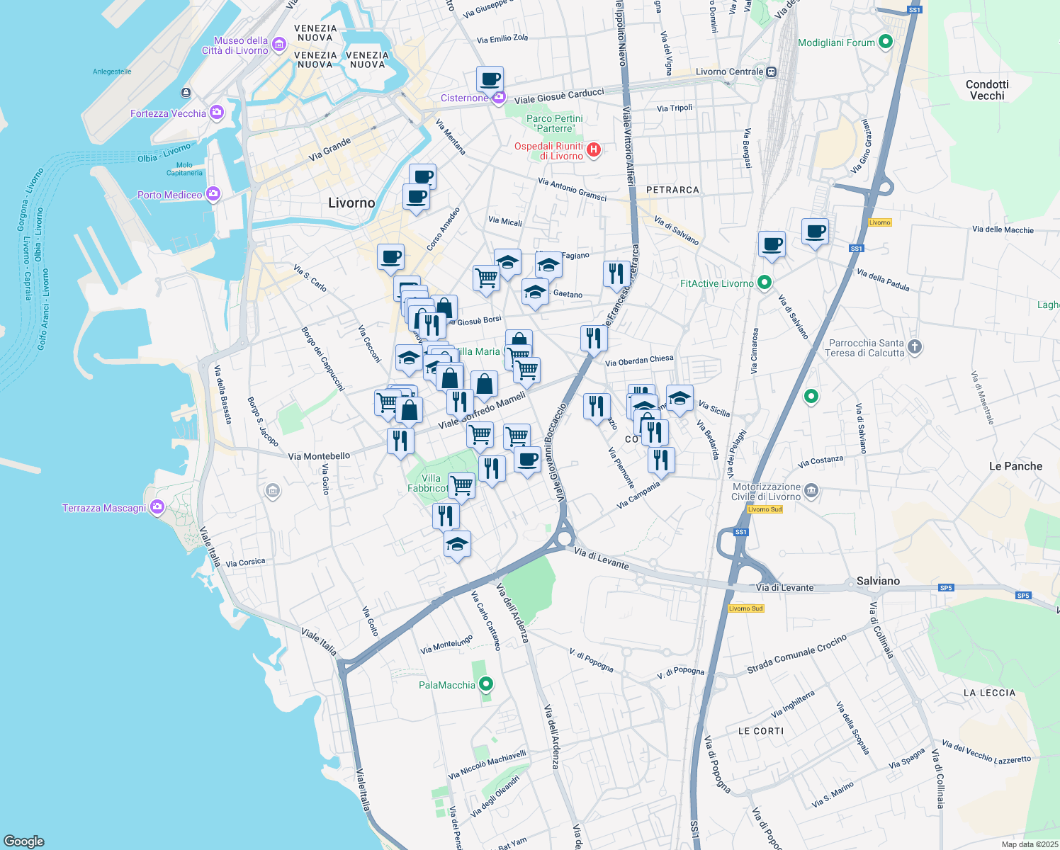 map of restaurants, bars, coffee shops, grocery stores, and more near 37 Via Ebrei Vittime del Nazismo in Livorno