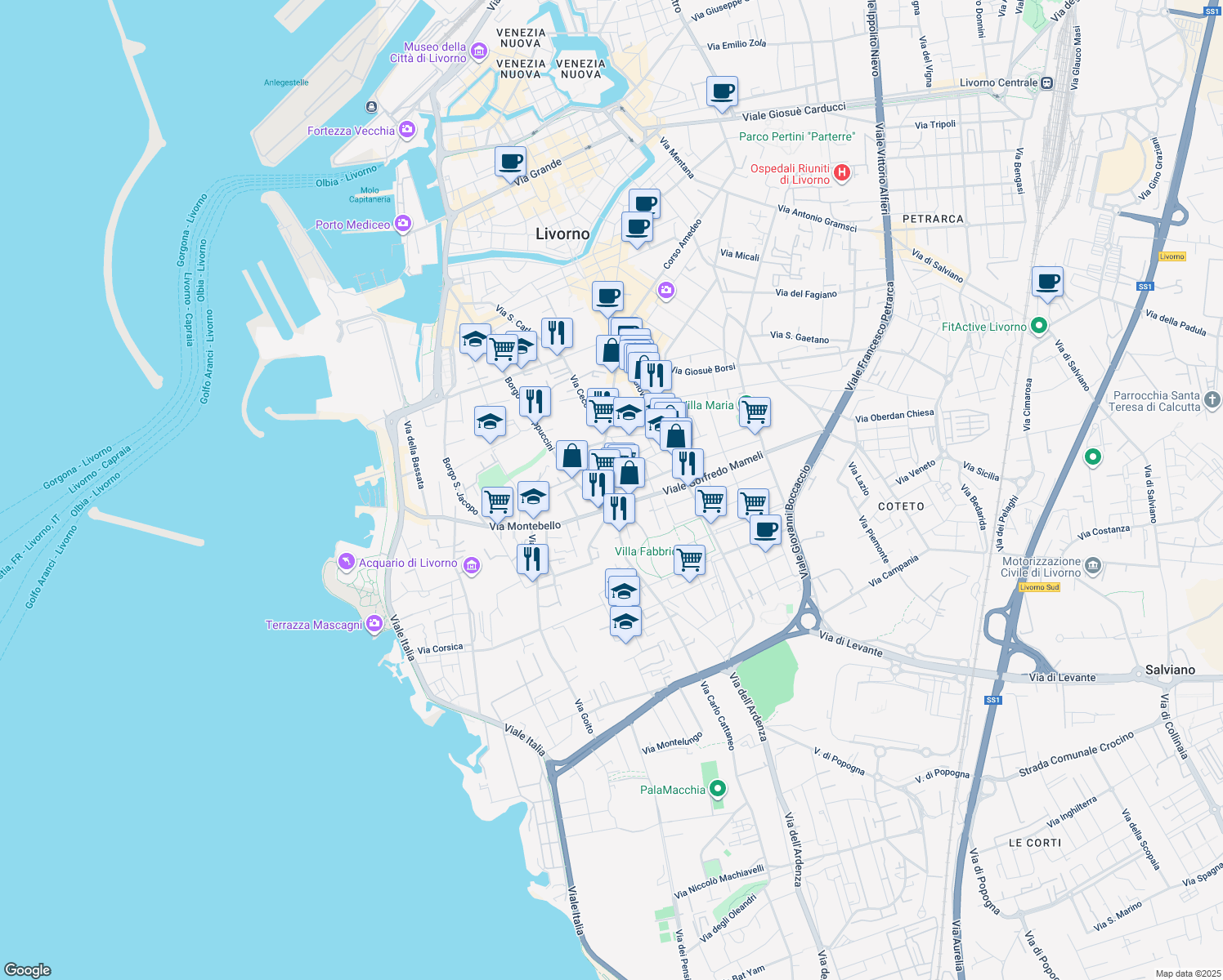 map of restaurants, bars, coffee shops, grocery stores, and more near 166 Via Roma in Livorno