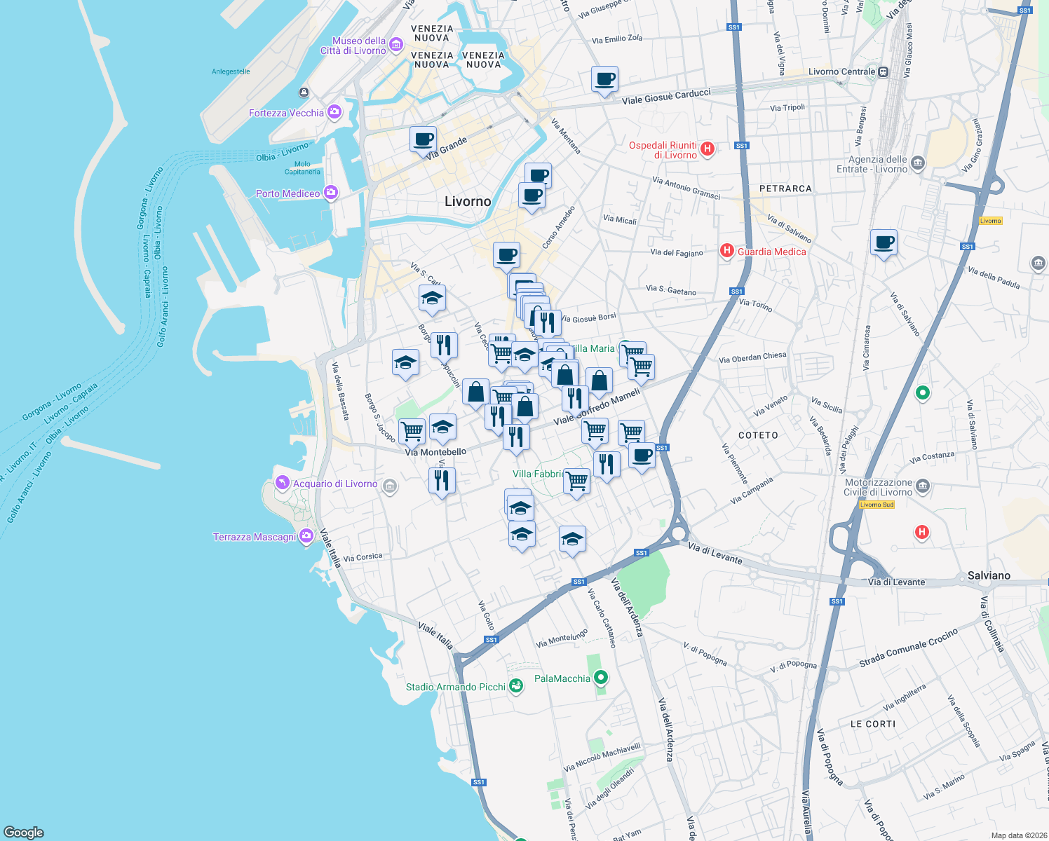 map of restaurants, bars, coffee shops, grocery stores, and more near Via Antonio Mangini in Livorno