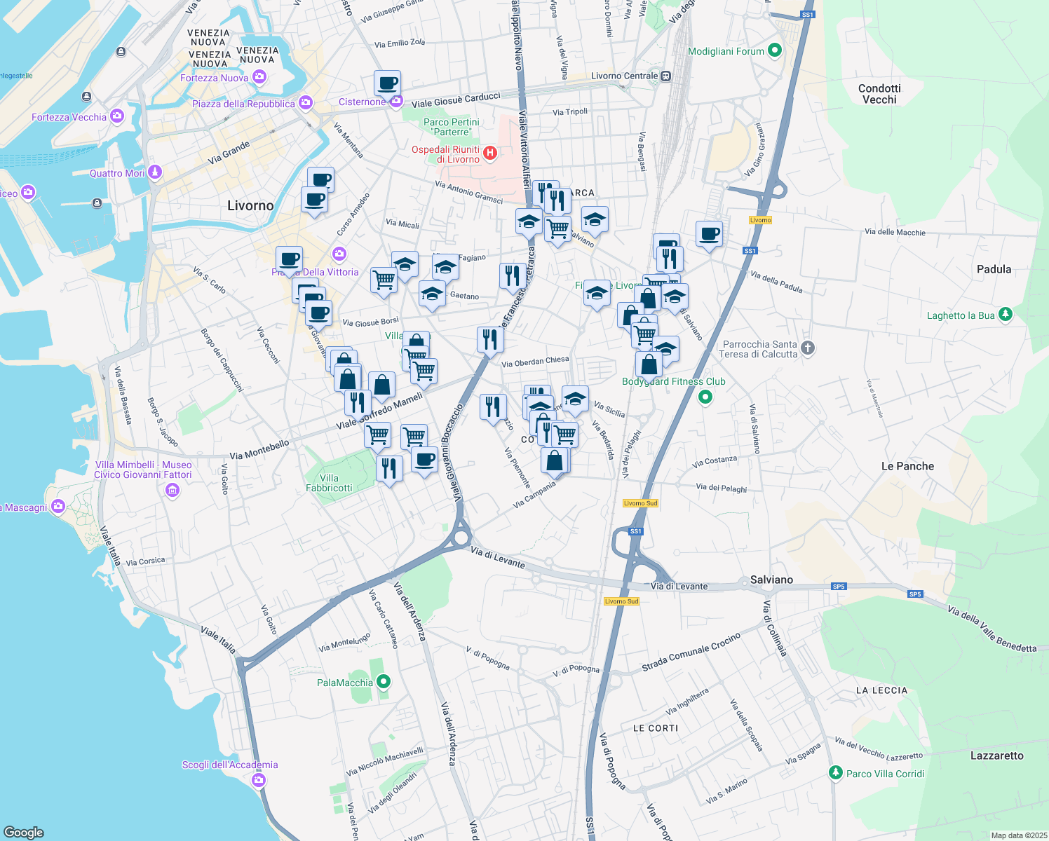 map of restaurants, bars, coffee shops, grocery stores, and more near 45 Via Toscana in Livorno