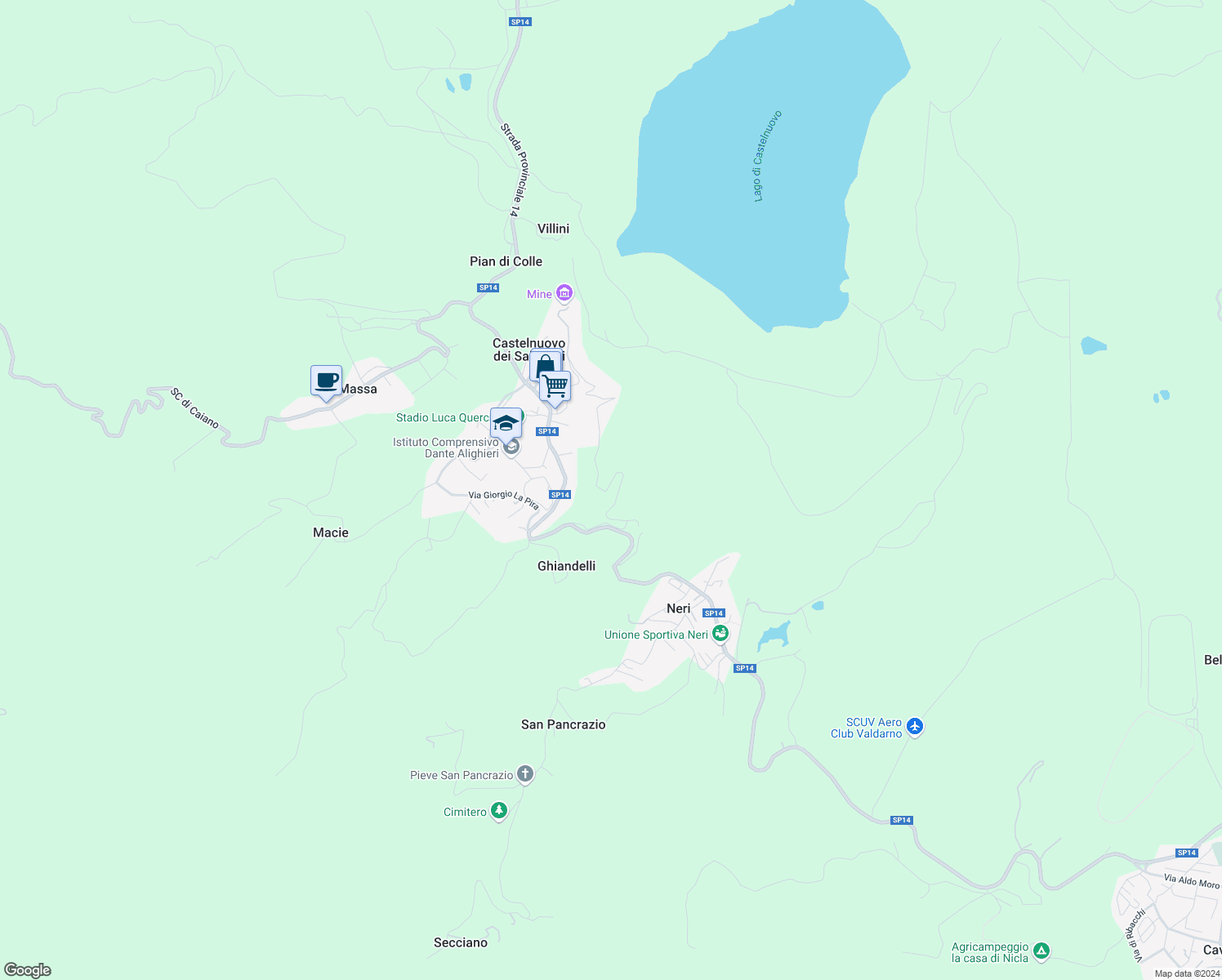 map of restaurants, bars, coffee shops, grocery stores, and more near 27 Strada Provinciale delle Miniere in Provincia di Arezzo