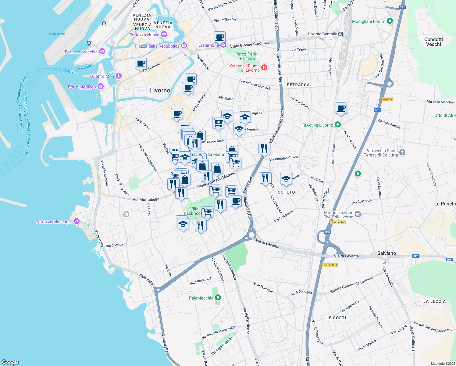 map of restaurants, bars, coffee shops, grocery stores, and more near 16 Via Antonio Labriola in Livorno