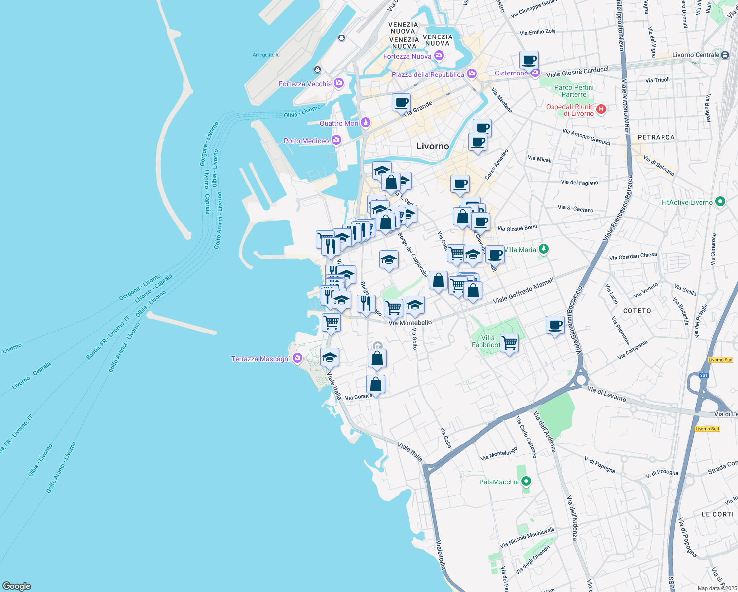 map of restaurants, bars, coffee shops, grocery stores, and more near 147 Borgo San Jacopo in Livorno