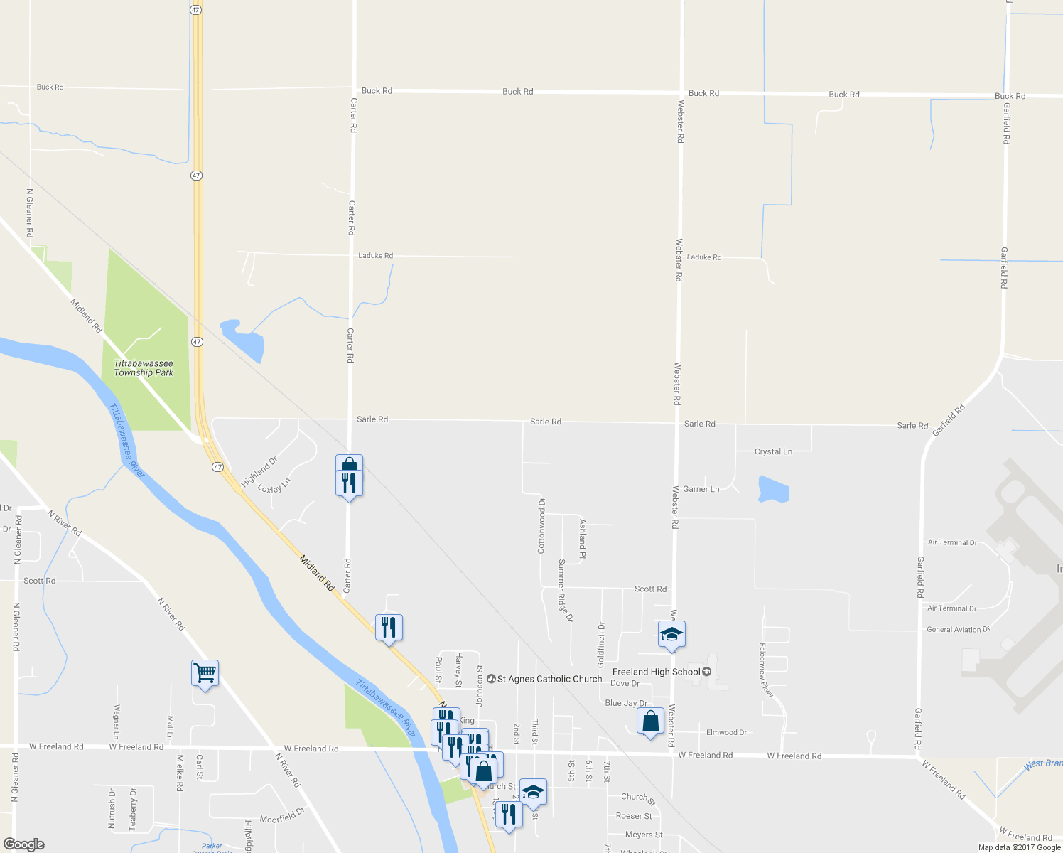 map of restaurants, bars, coffee shops, grocery stores, and more near 8986 Cottonwood Drive in Freeland