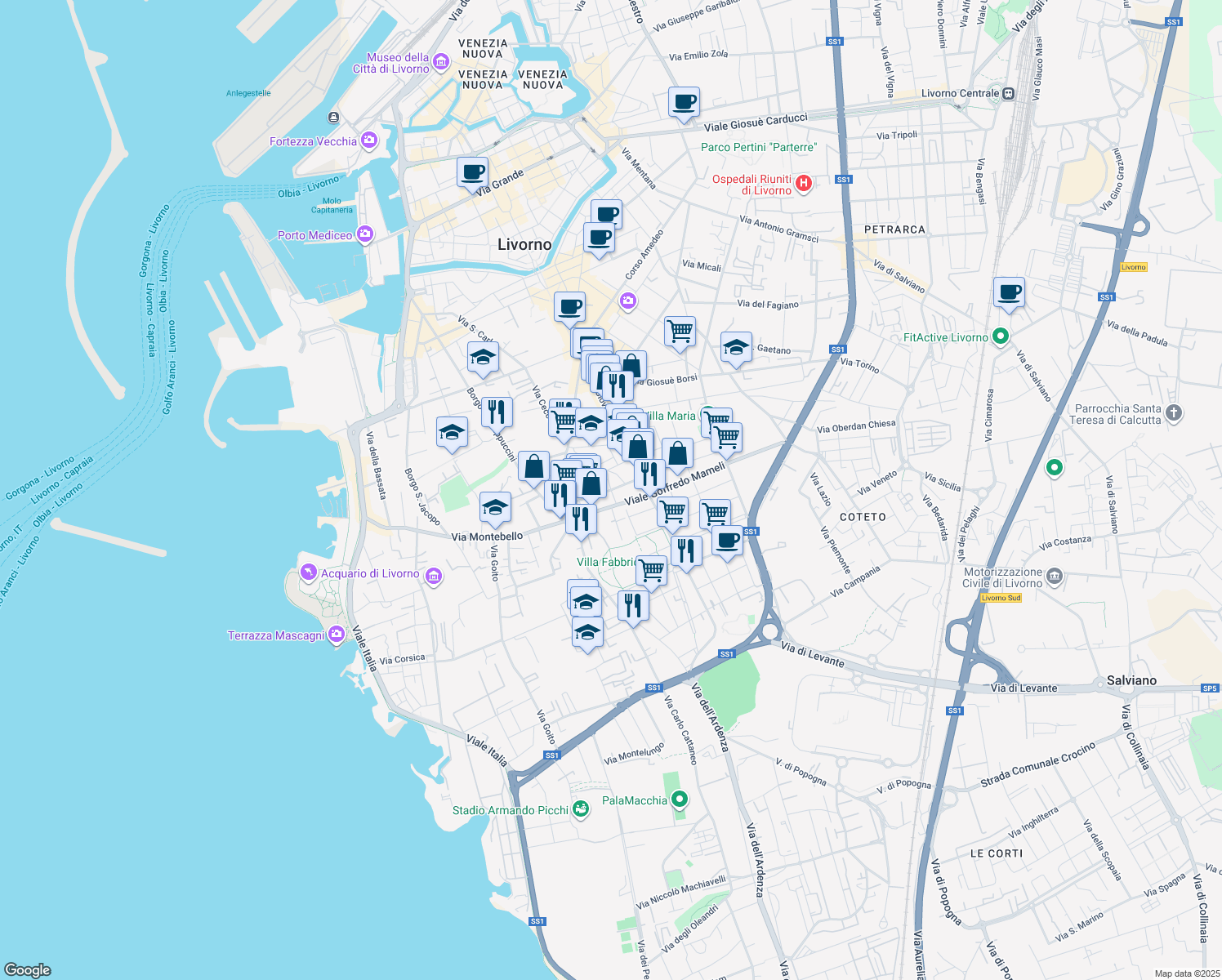 map of restaurants, bars, coffee shops, grocery stores, and more near Via Antonio Mangini in Livorno
