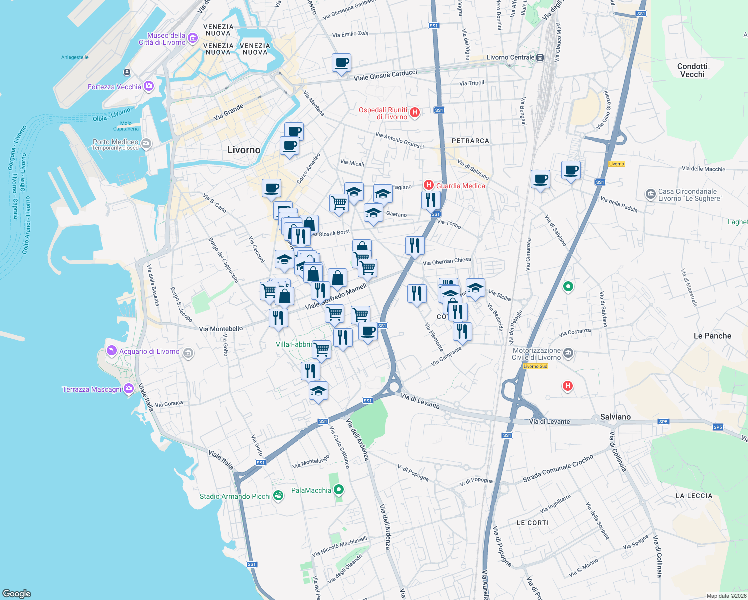 map of restaurants, bars, coffee shops, grocery stores, and more near 37 Via Ebrei Vittime del Nazismo in Livorno