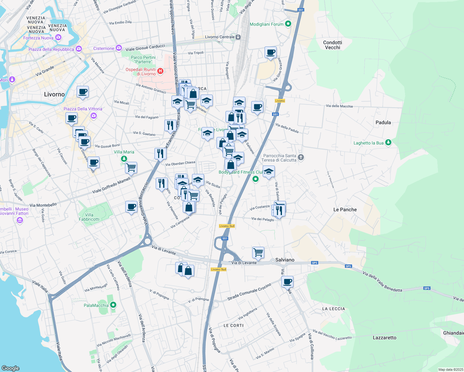 map of restaurants, bars, coffee shops, grocery stores, and more near 101 Via Cimarosa in Livorno