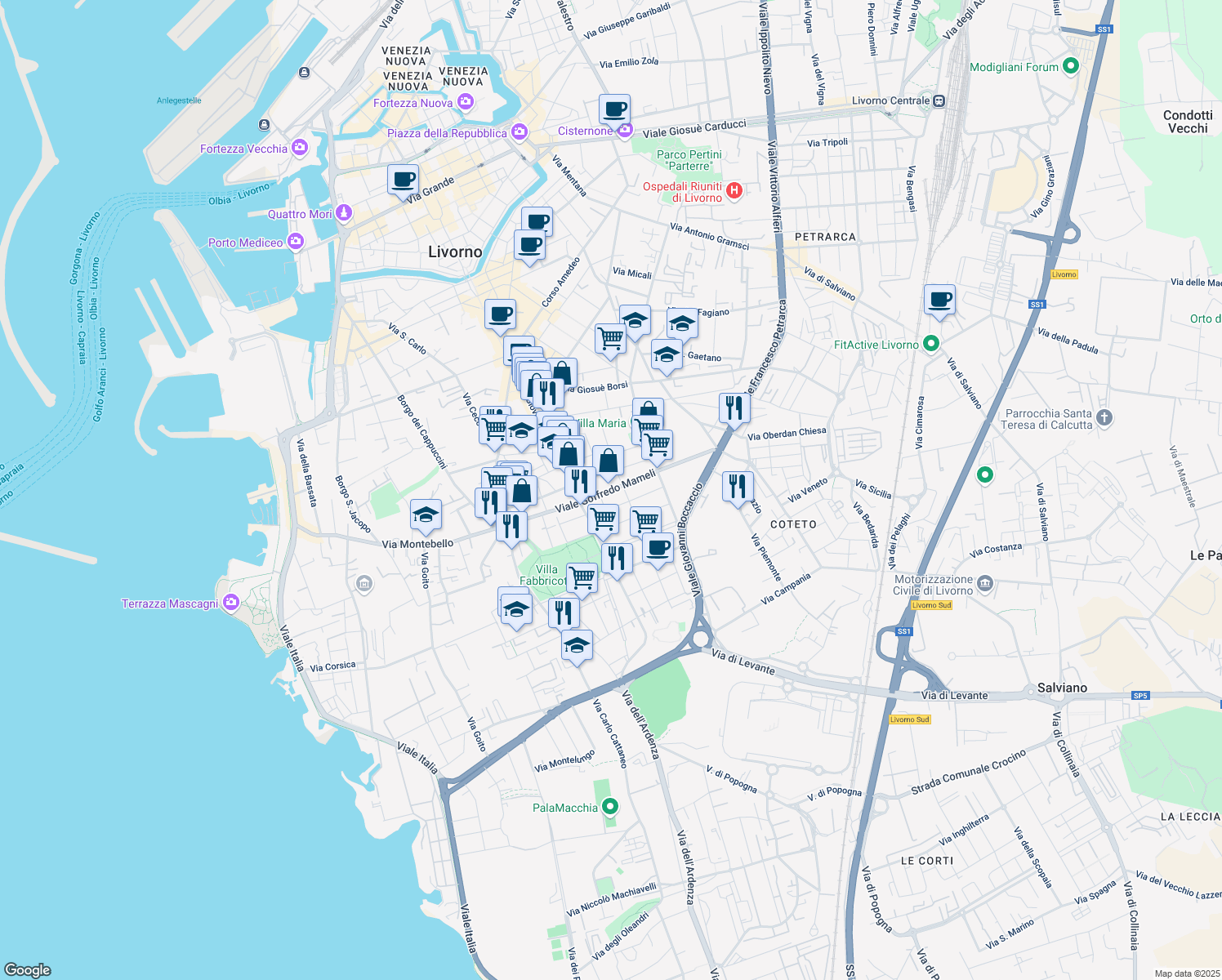 map of restaurants, bars, coffee shops, grocery stores, and more near 3 Via Oscar Ghiglia in Livorno