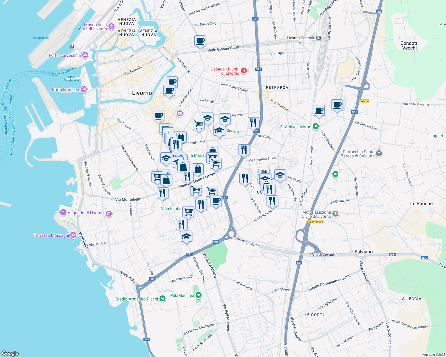 map of restaurants, bars, coffee shops, grocery stores, and more near 37 Via Ebrei Vittime del Nazismo in Livorno
