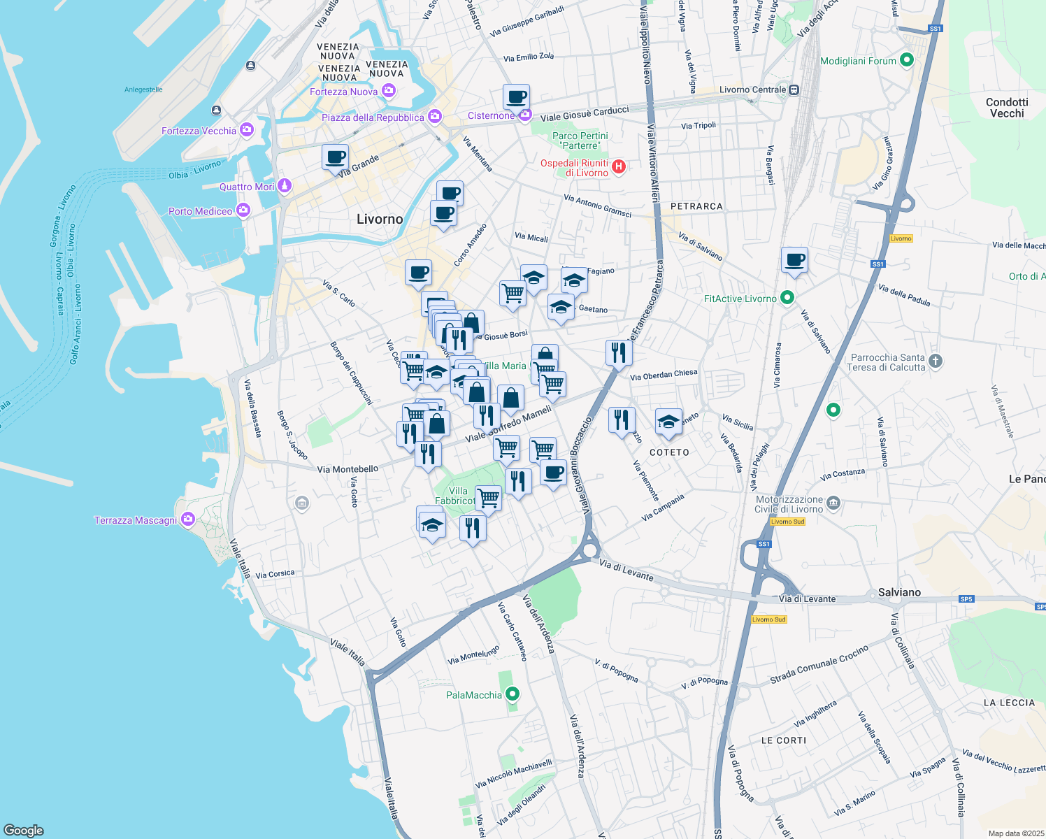 map of restaurants, bars, coffee shops, grocery stores, and more near 16 Via Antonio Labriola in Livorno