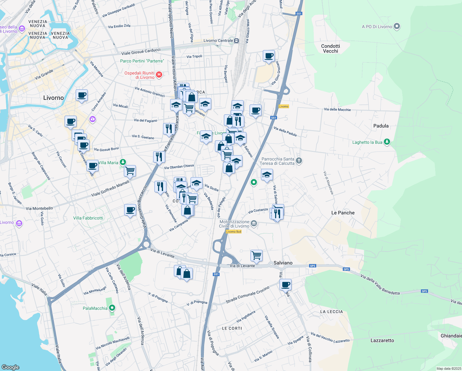 map of restaurants, bars, coffee shops, grocery stores, and more near 101 Via Cimarosa in Livorno