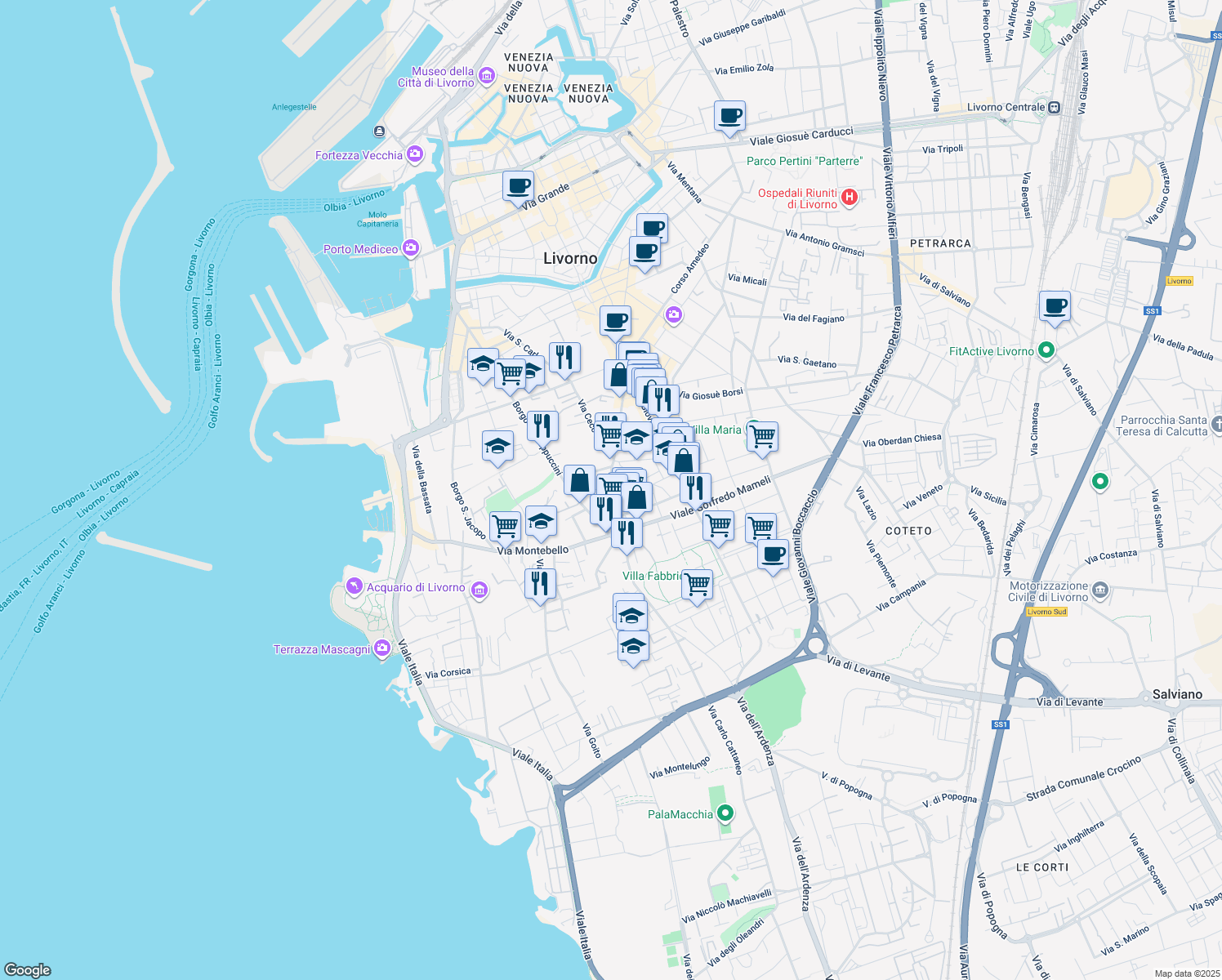 map of restaurants, bars, coffee shops, grocery stores, and more near 166 Via Roma in Livorno