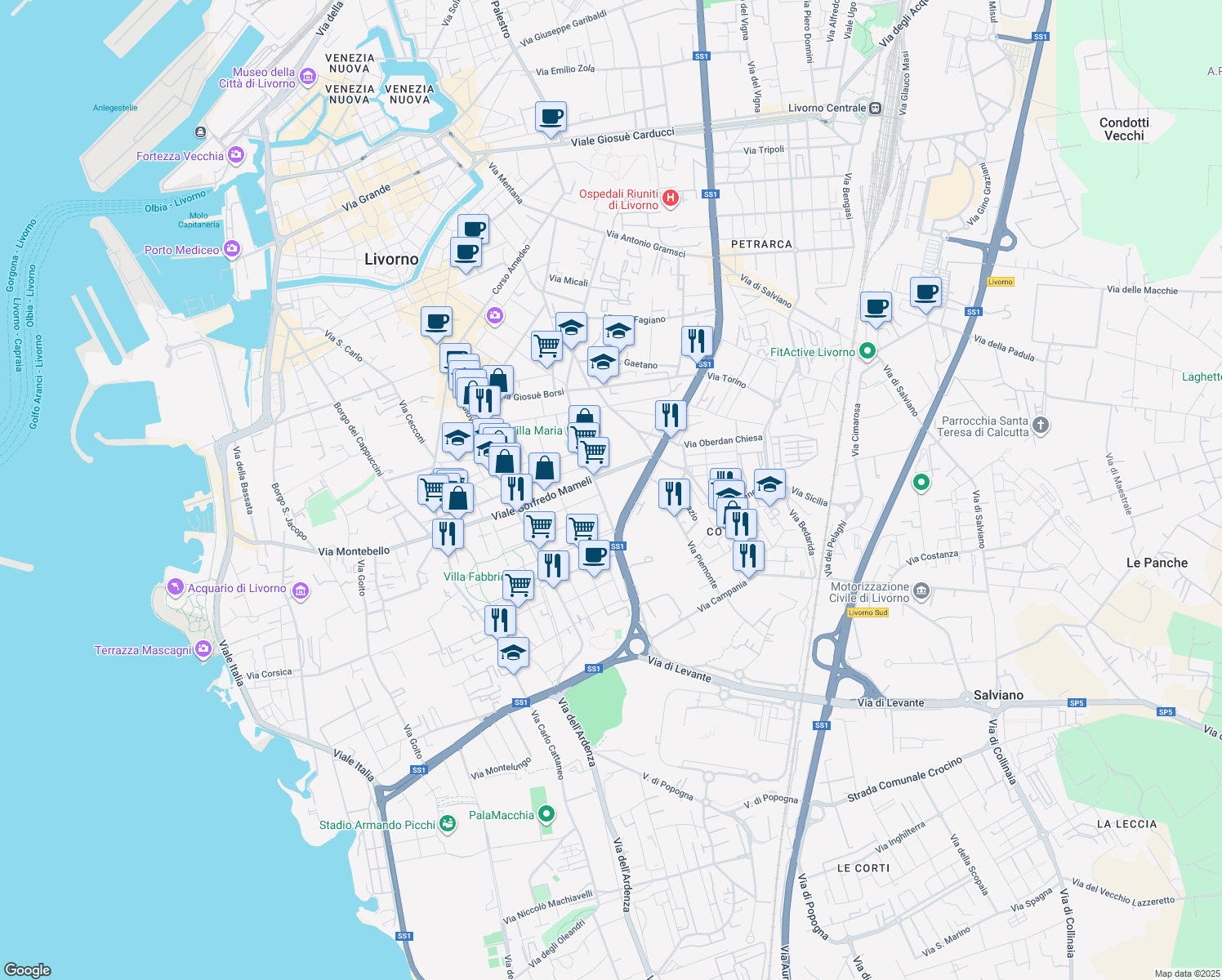 map of restaurants, bars, coffee shops, grocery stores, and more near 37 Via Ebrei Vittime del Nazismo in Livorno