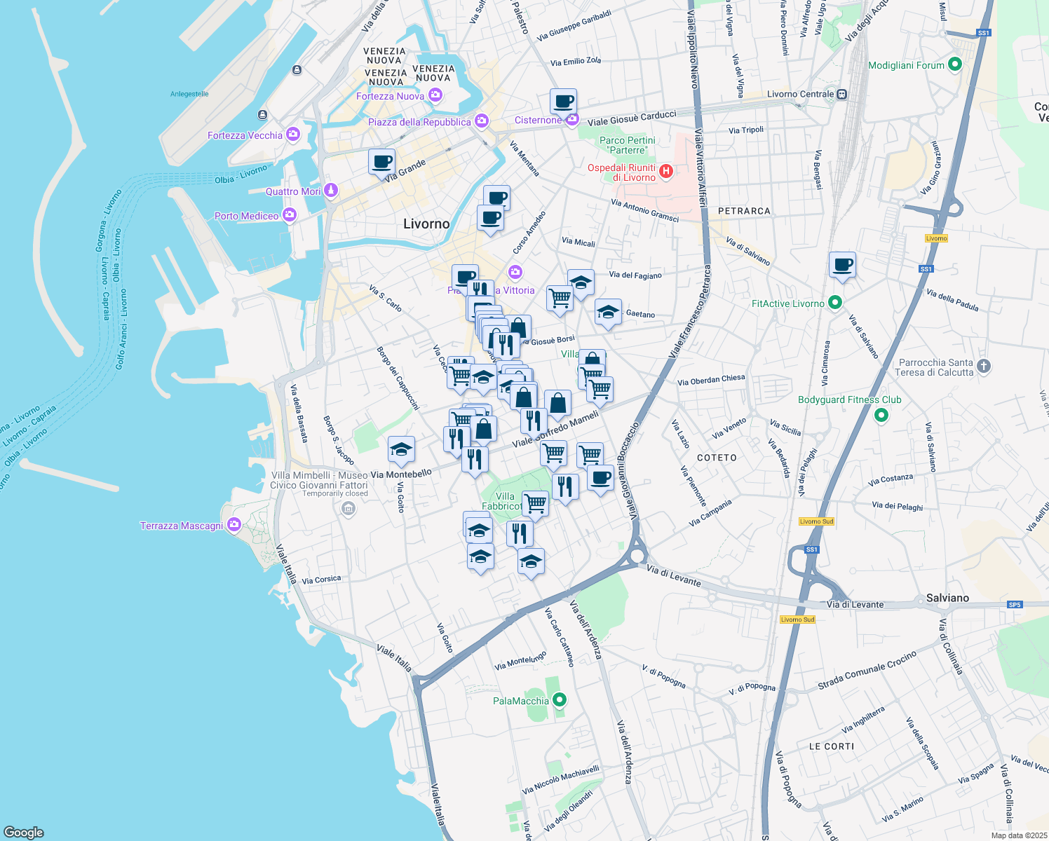 map of restaurants, bars, coffee shops, grocery stores, and more near 45 Viale Goffredo Mameli in Livorno