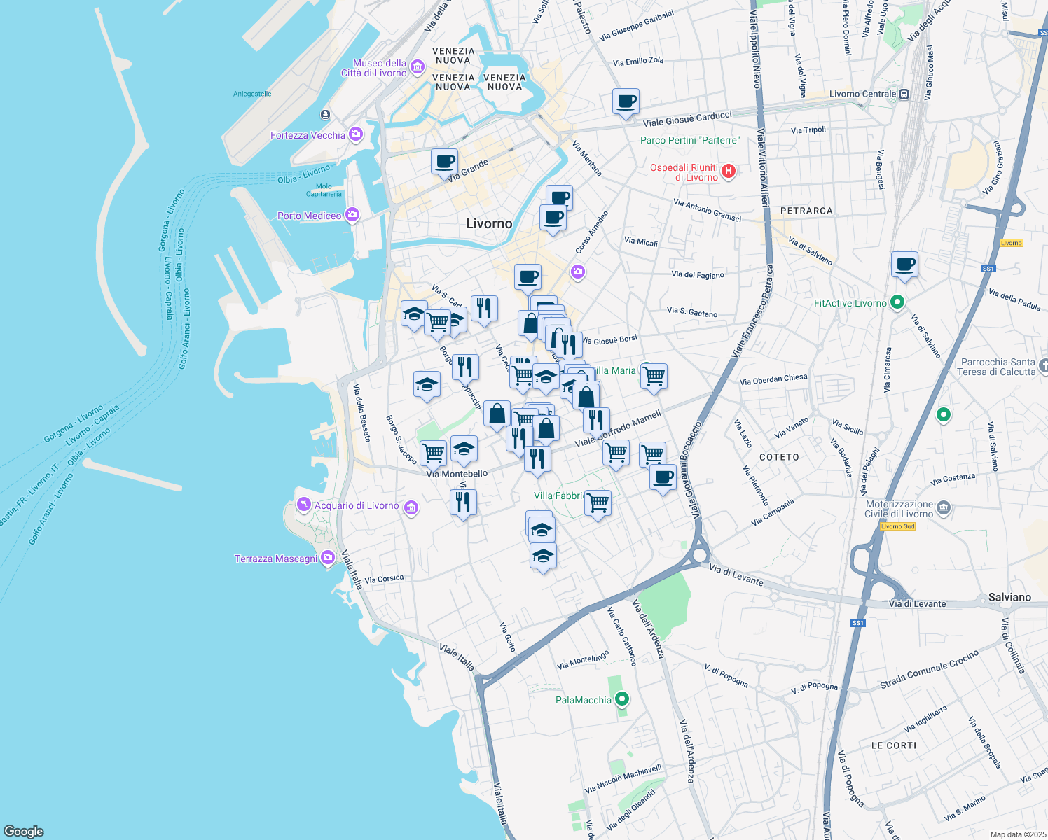map of restaurants, bars, coffee shops, grocery stores, and more near 166 Via Roma in Livorno