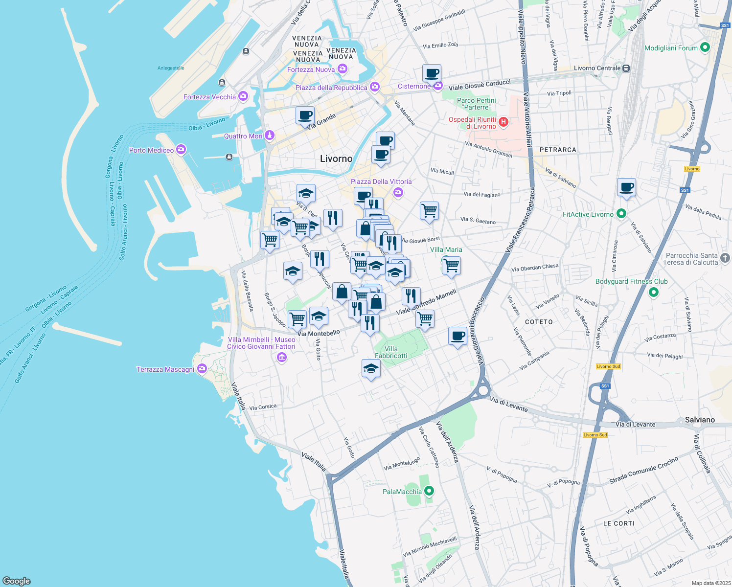 map of restaurants, bars, coffee shops, grocery stores, and more near 82 Via Roma in Livorno