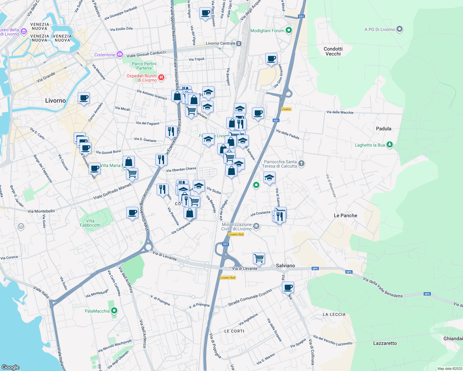 map of restaurants, bars, coffee shops, grocery stores, and more near 86 Via Domenico Cimarosa in Livorno