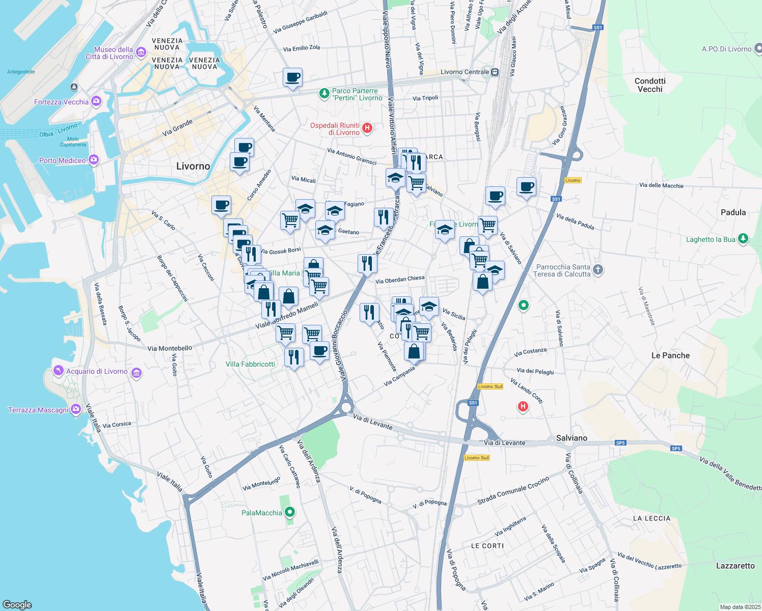 map of restaurants, bars, coffee shops, grocery stores, and more near Via Antonio Meucci in Livorno