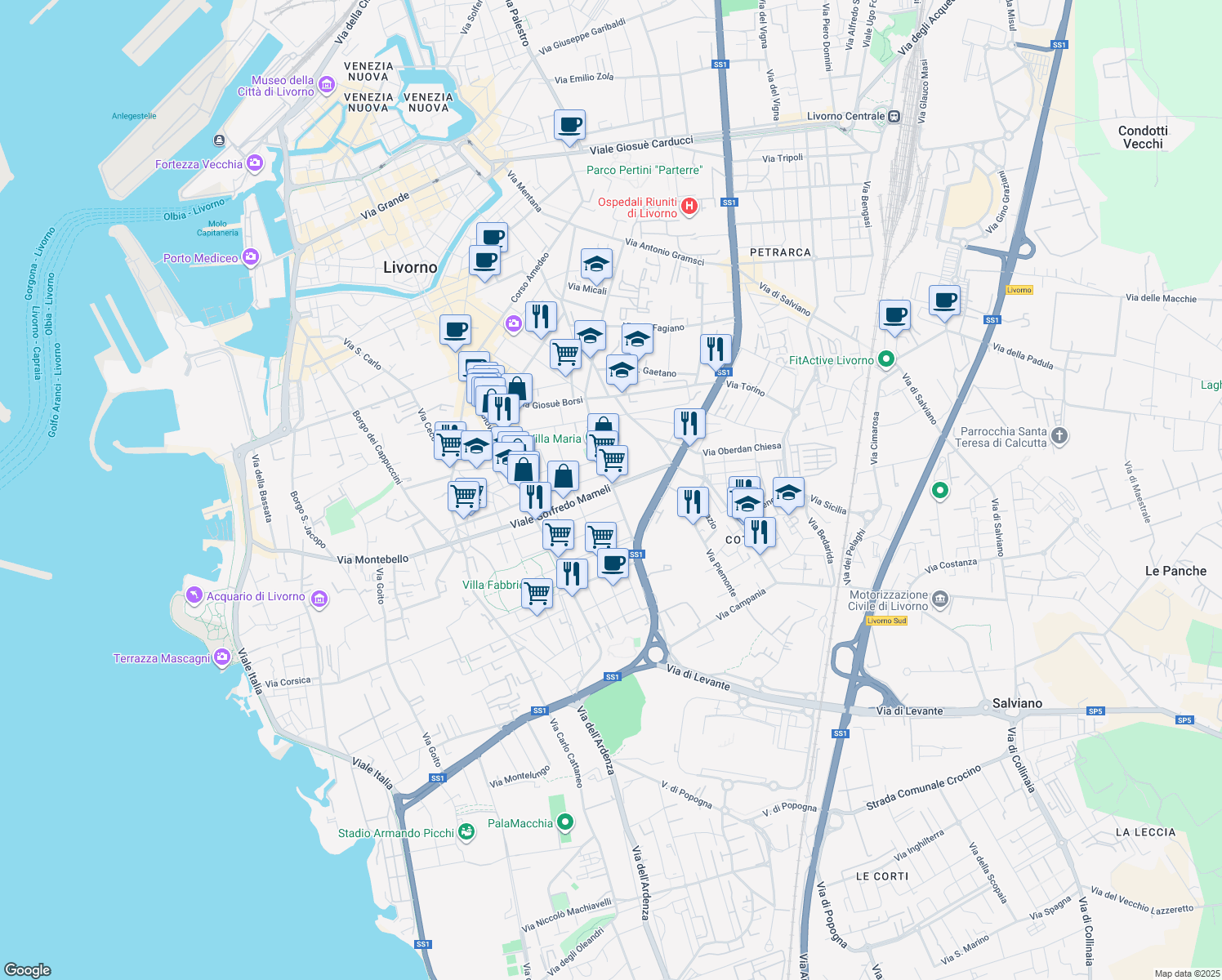 map of restaurants, bars, coffee shops, grocery stores, and more near 53 Via Francesco Redi in Livorno