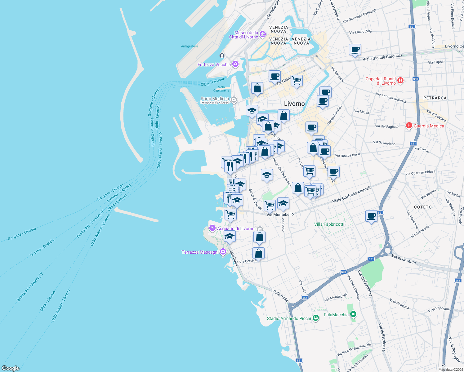 map of restaurants, bars, coffee shops, grocery stores, and more near 1 Largo Bellavista in Livorno