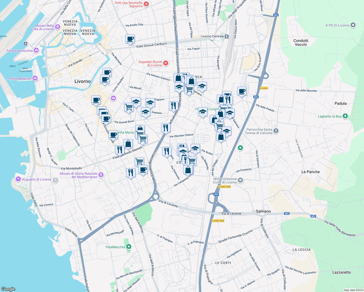 map of restaurants, bars, coffee shops, grocery stores, and more near 26 Via del Gelsomino in Livorno
