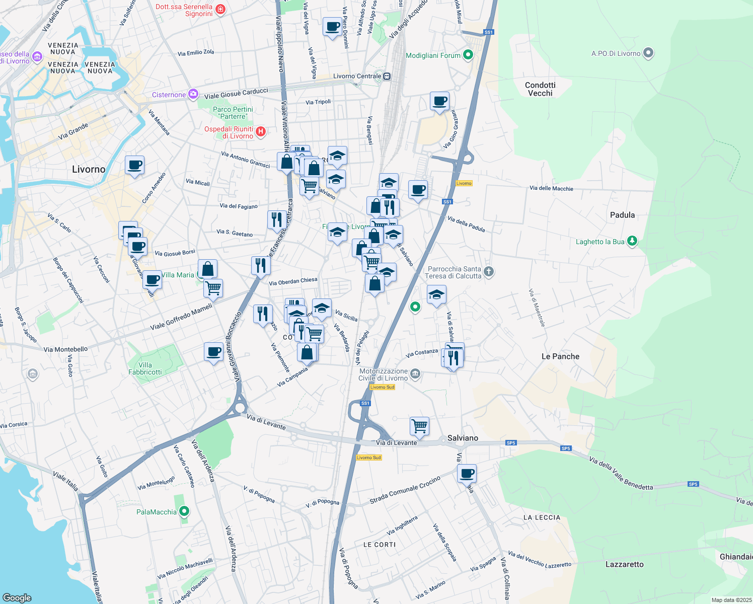 map of restaurants, bars, coffee shops, grocery stores, and more near 86 Via Domenico Cimarosa in Livorno
