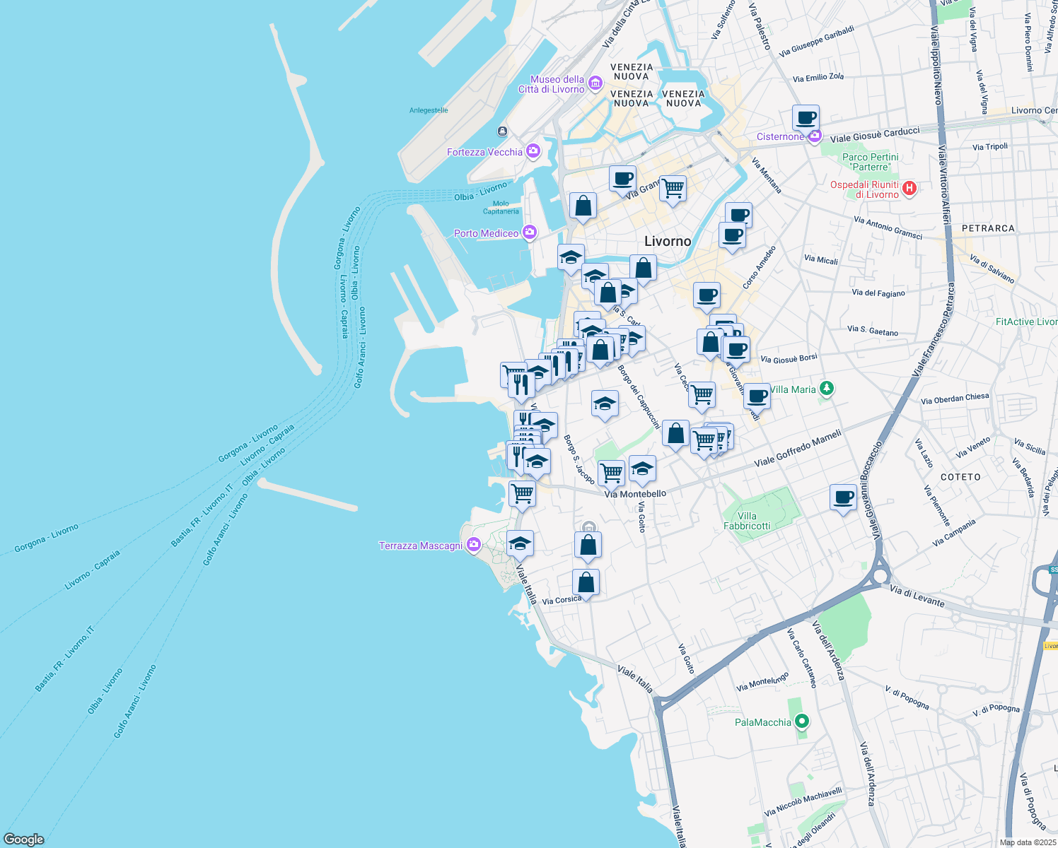 map of restaurants, bars, coffee shops, grocery stores, and more near 1 Largo Bellavista in Livorno